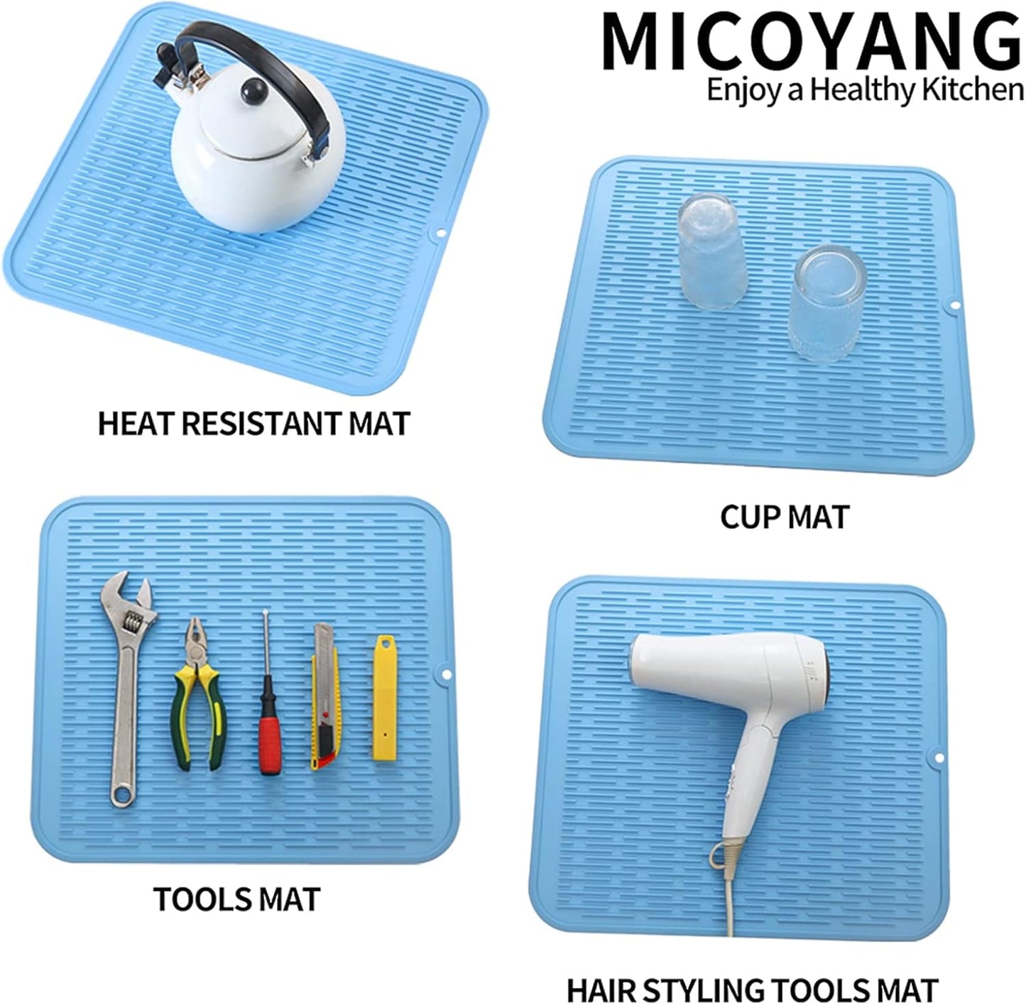 Silicone Dish Drying Mat for Multiple Usage,Easy clean,Eco-friendly,Heat-resistant Silicone Mat for Kitchen Counter or Sink,Refrigerator or Drawer Liner Light Blue XL 18 inches x 16 inches