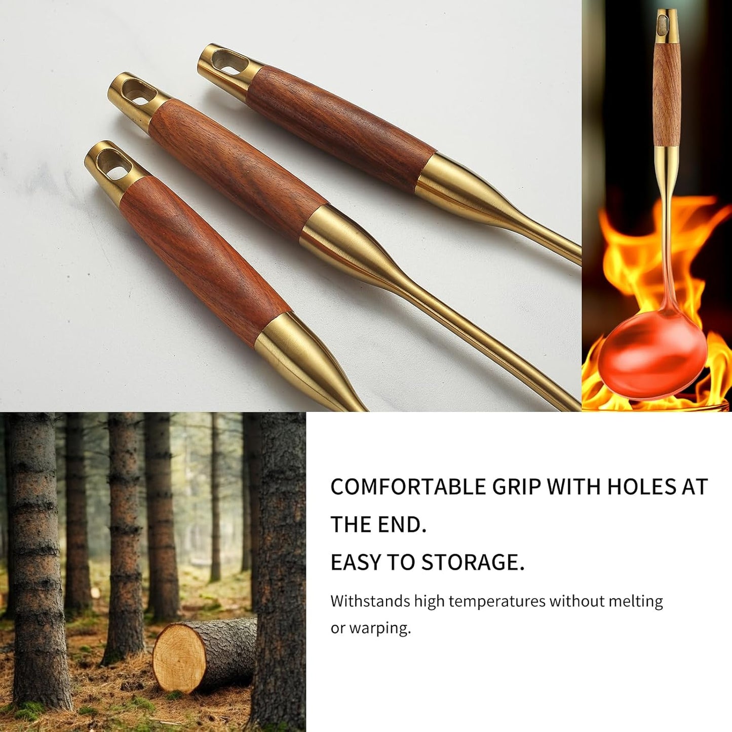 Stainless Steel Kitchen Utensils Set with Wood Handle, 18/10 Metal Cooking Utensils Set, 10-Piece - Spatula, Spoon, Ladle, Skimmer, Slotted Turners, Pasta Server, Fork, Masher(Dishwasher Safe)