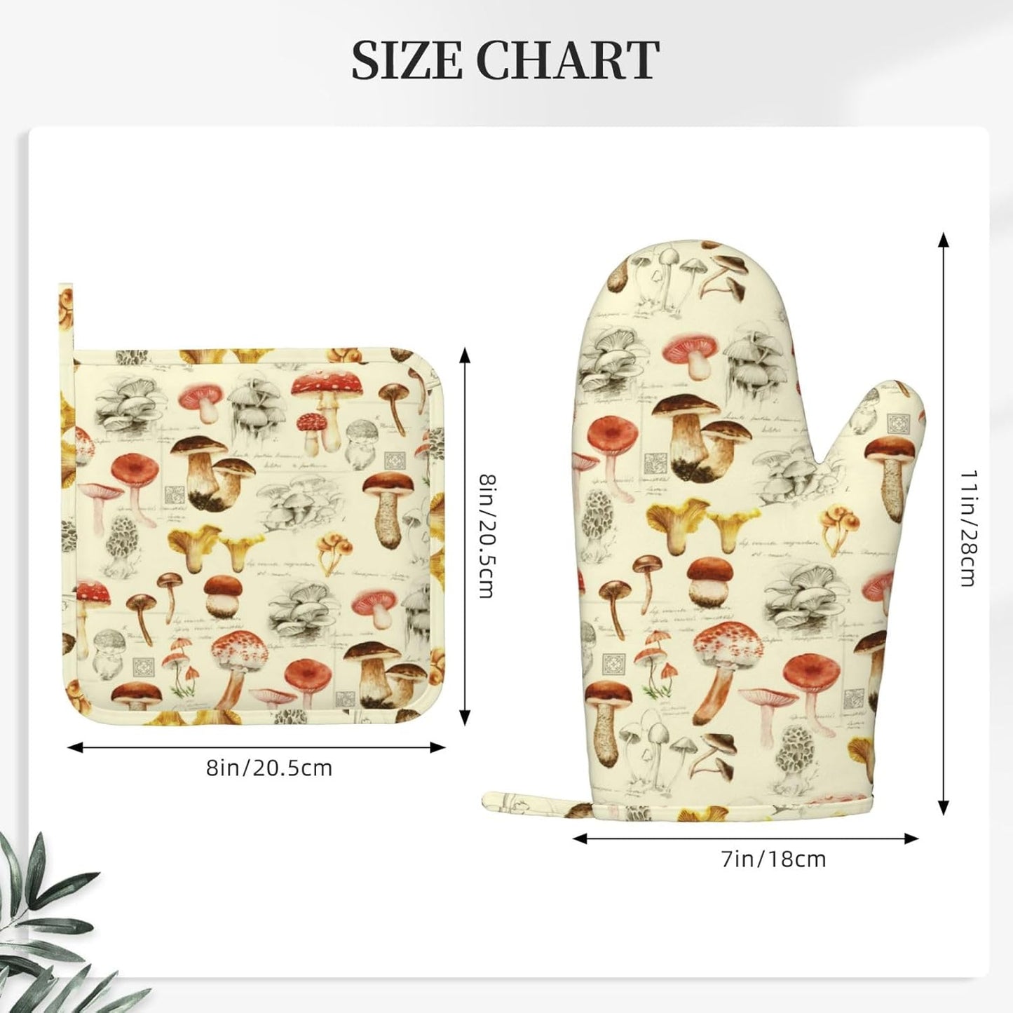 Mushroom Oven Mitts and Pot Holders Sets Silicone Vintage Mushrooms Kitchen Mitts Potholders Heat Resistant 4Pcs Oven Gloves Hot Pads for Kitchen Baking Cooking BBQ Grilling