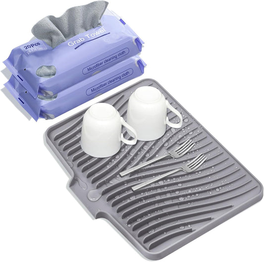 Silicone Dish Drying Mat, Stone Drying Mat for Kitchen Counter with Built-in Drain, Non-Slip 15.8" X 13" Drying Matt Kitchen Counter and Grey Microfiber Cleaning Cloth, Cleaning Rags Set(Grey)