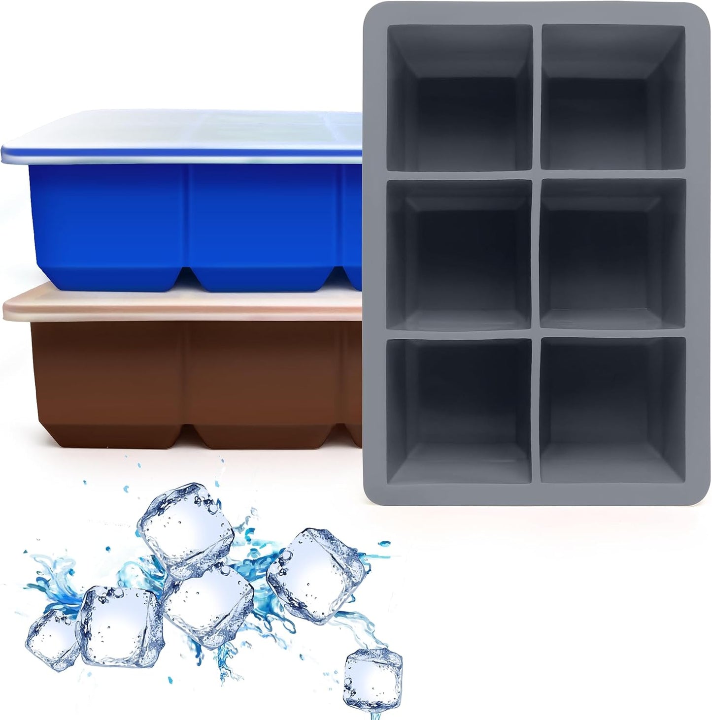 Silicone Ice Cube Trays 3 Pack - Large Size Silicone Ice Cube Molds with Leak Proof Removable Lid Square Ice Cube Tray And BPA Free for Cocktail,Whiskey, Stackable Flexible Ice