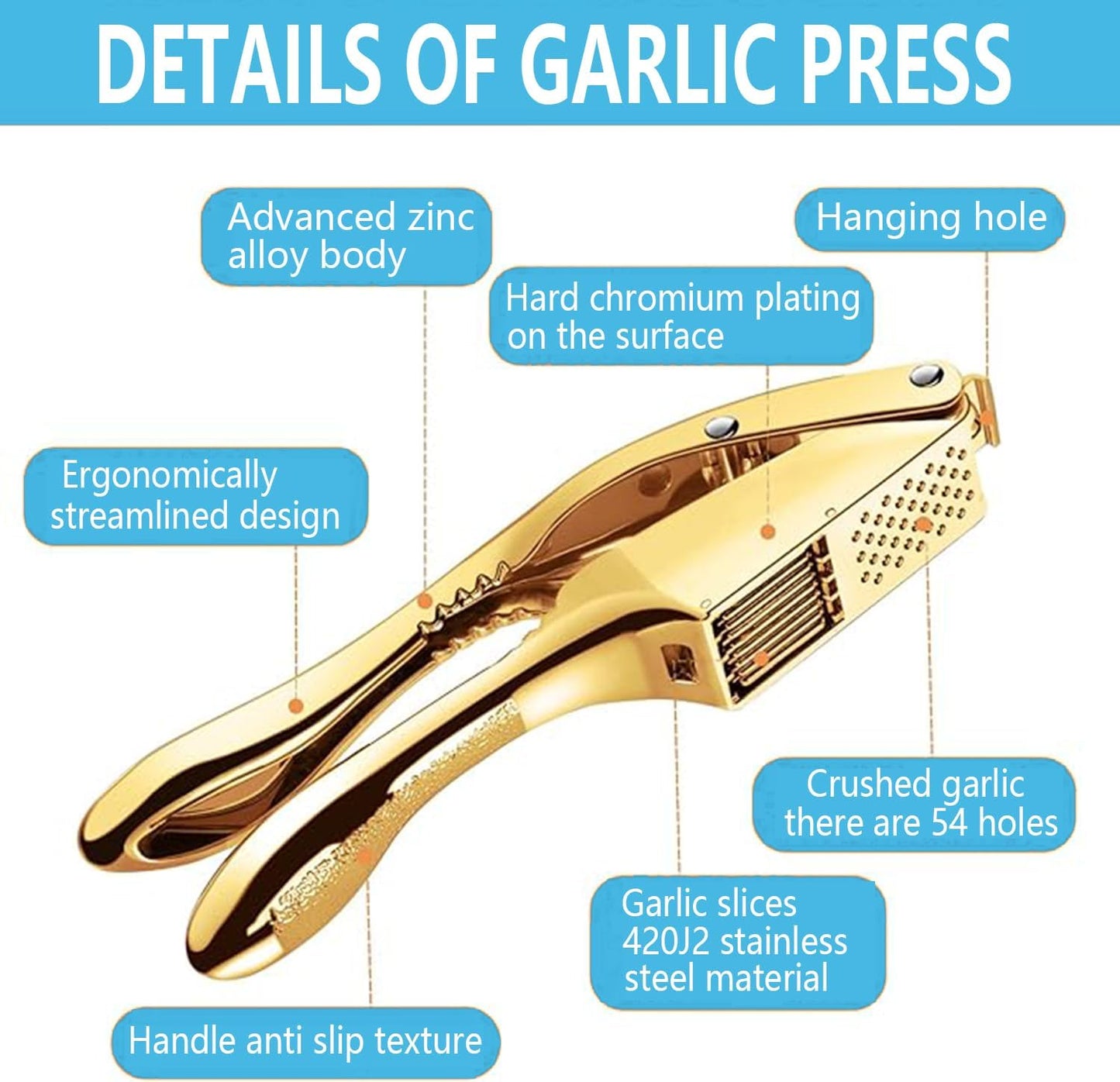 Garlic Press and Slicer 2 in 1, Rust Proof & Dishwasher Safe Professional Garlic Mincer Tool, Effortlessly Crush and Mince Garlic with this Ergonomic Handle-Garlic Peeler & Brush ANCQMI(Gold)