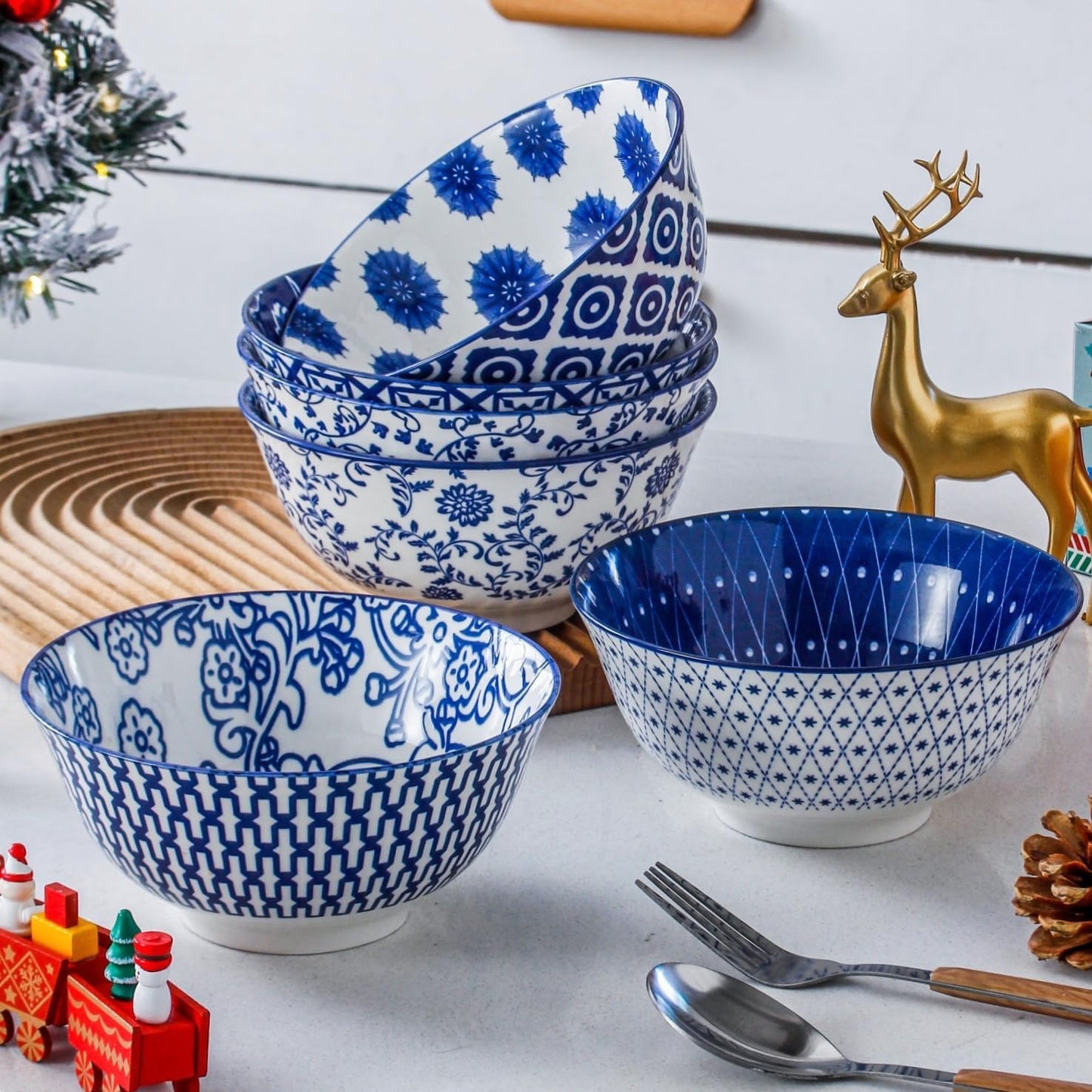 Ceramic Soup Bowls Set - 24 Oz Deep Cereal Bowl for Kitchen - 6 Inch Large Porcelain Dinner Bowl Eating Salad Pasta Dessert Oatmeal - Microwave Dishwasher Safe - Set of 6 - Vintage Blue