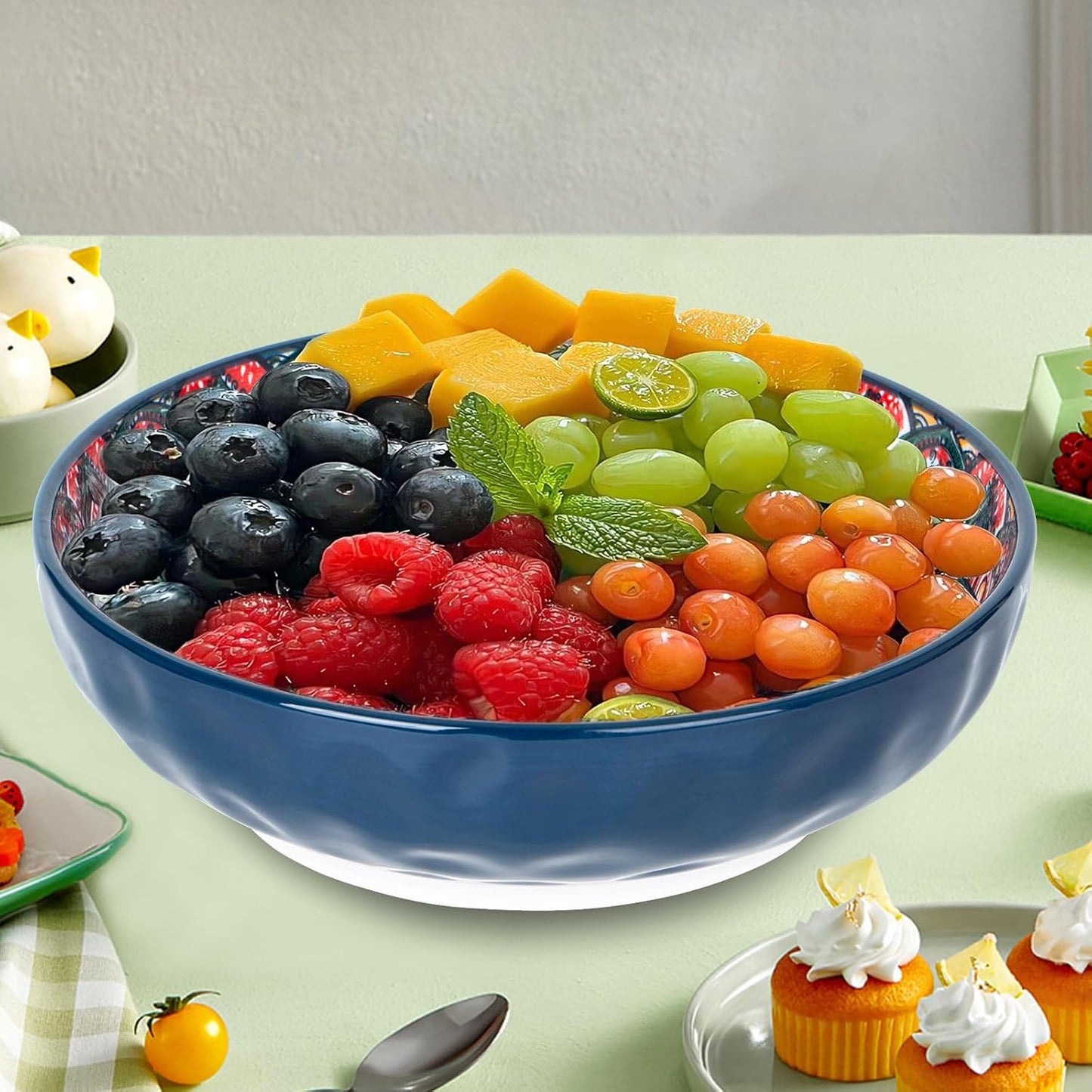 75 Oz Serving Bowls,Bohemian Style Large Porcelain Dishes for Entertaining Parties,Big Bowls for Eating Soup, Salad, Pasta, Fruit, Chips, 10.3 Inch Diameter (blue)