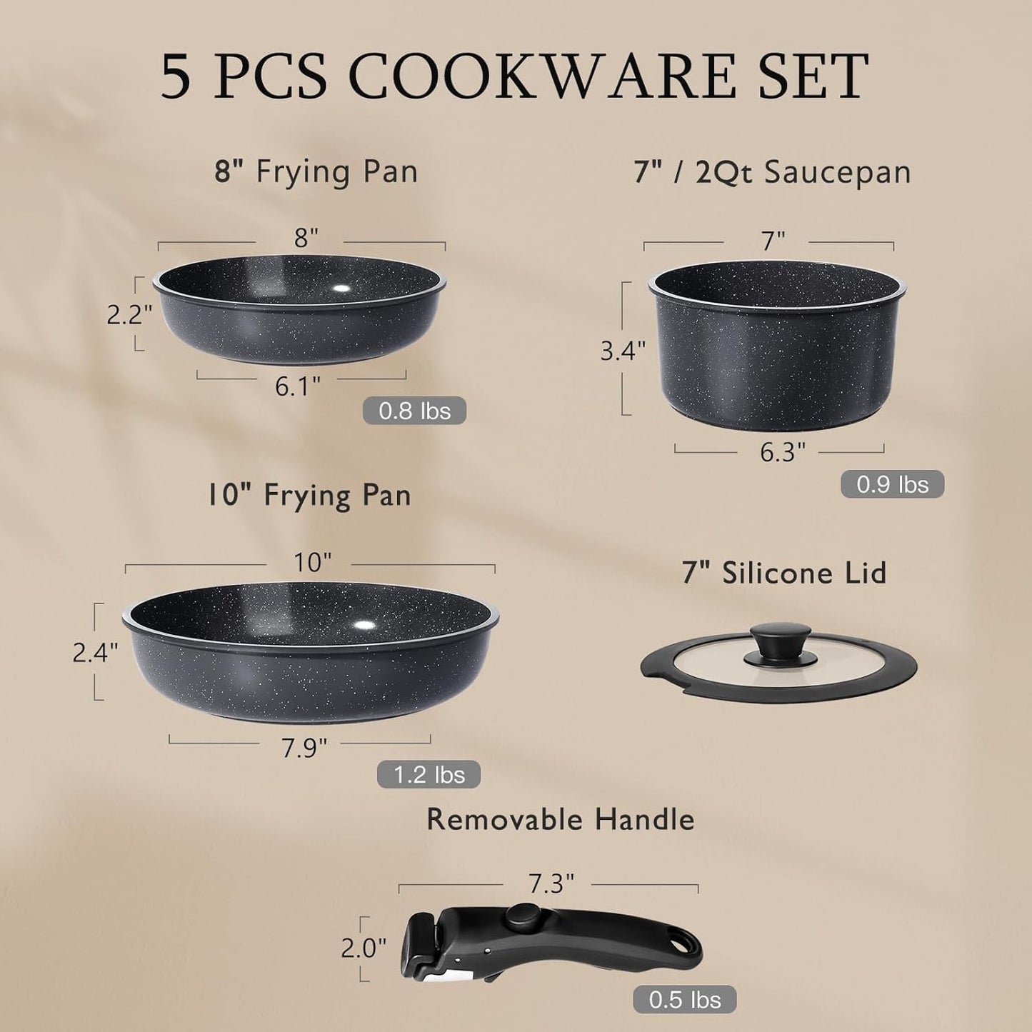GiPP Ceramic Pots and Pans Set Non Stick, Nonstick Detachable Handle Cookware Sets, Non Toxic Induction Kitchen Pot and Pan with Removable Handle, Healthy RV Cookware, Dishwasher ＆Oven Safe, 5 Piece