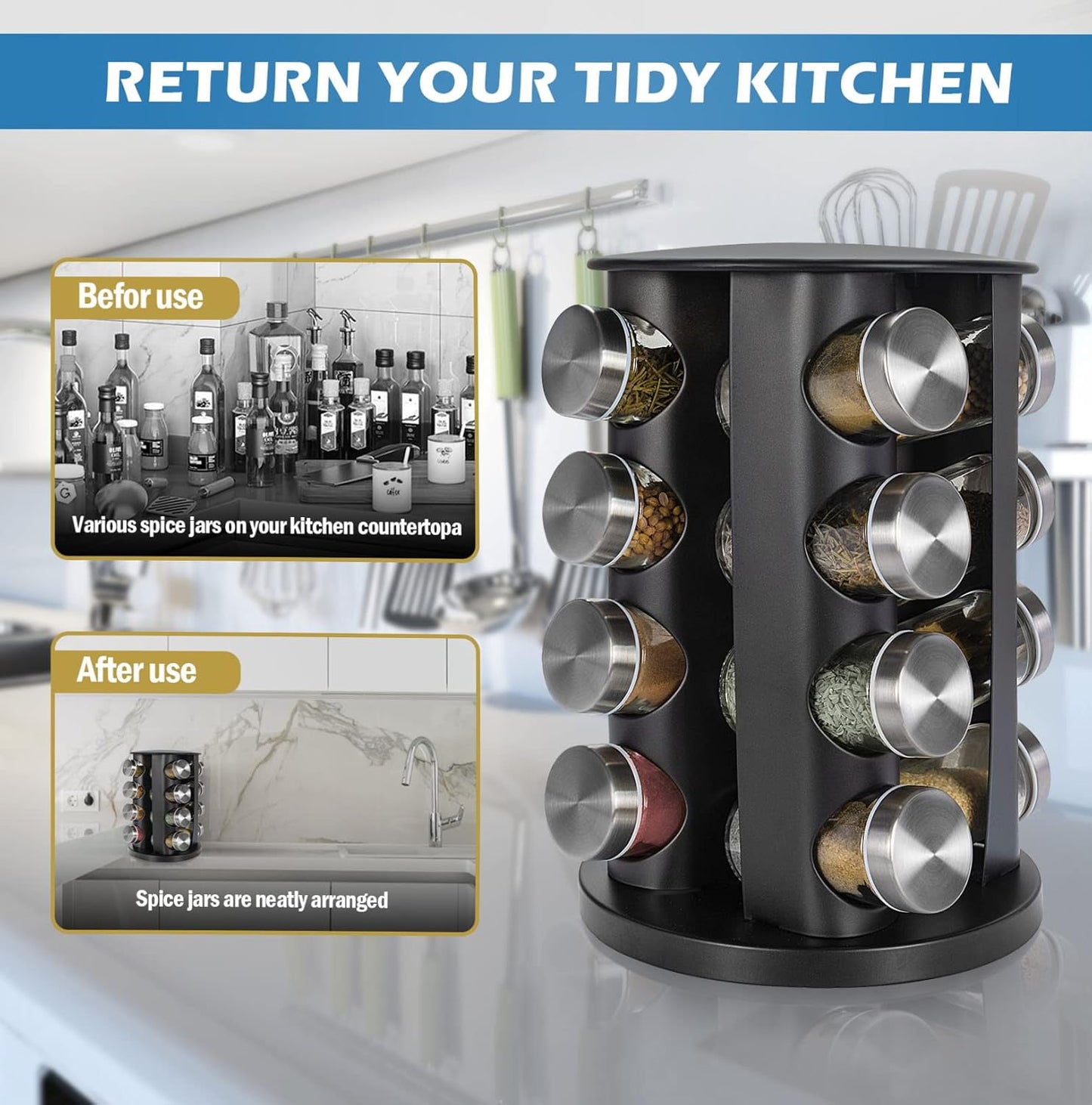 Black Countertop Rotating Spice Rack, 16-Jars Revolving Spice Rack Organizer Tower, 135 Spice Labels with Funnel Complete Set, Seasoning Organizer for Kitchen Countertop, Cabinet
