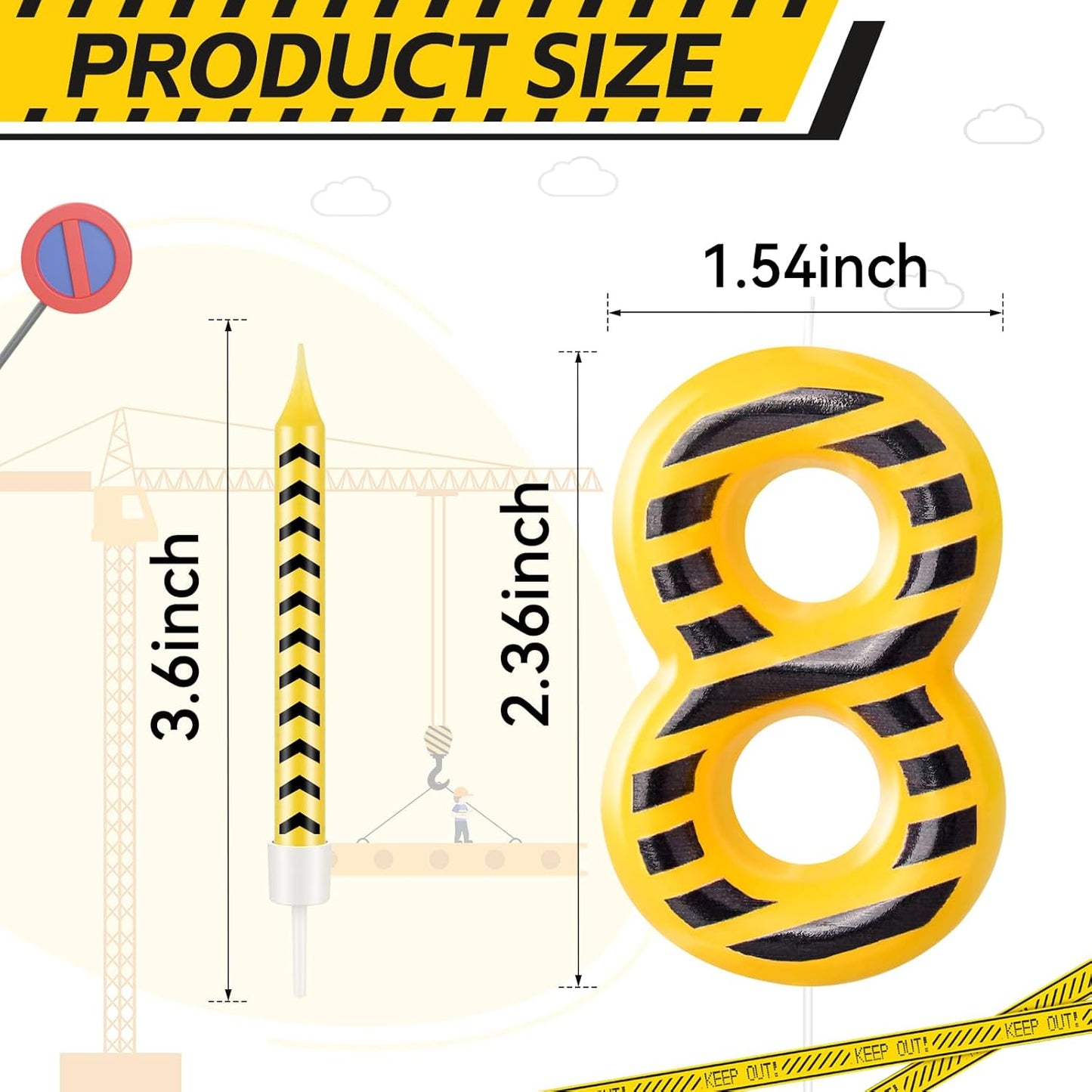 13 Pcs Construction Themed Birthday Candles Set Yellow and Black Number 8 Candle Cake Topper for Construction Party Decoration Supplies (Number 8)
