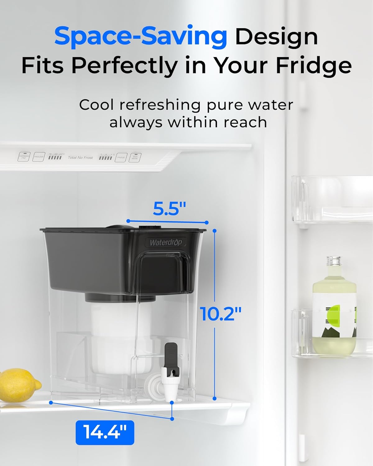 Waterdrop 35-Cup 0 TDS Slim Water Filter Dispenser, Large Capacity, Reduces TDS, Chlorine, PFOA/PFOS and More, BPA Free, Black (with 1 Filter)