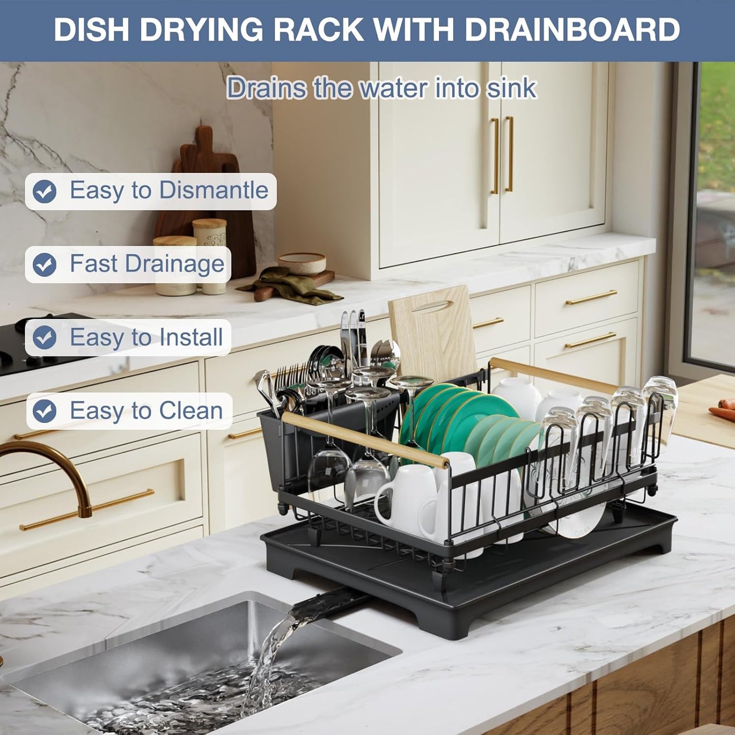 Dish Drying Rack with Drainboard, Rustproof Dish Rack for Kitchen Counter, Large-Capacity Dish Drainer with Cutlery Holder, Sturdy Kitchen Organizer for Dishes, Spoons and Forks