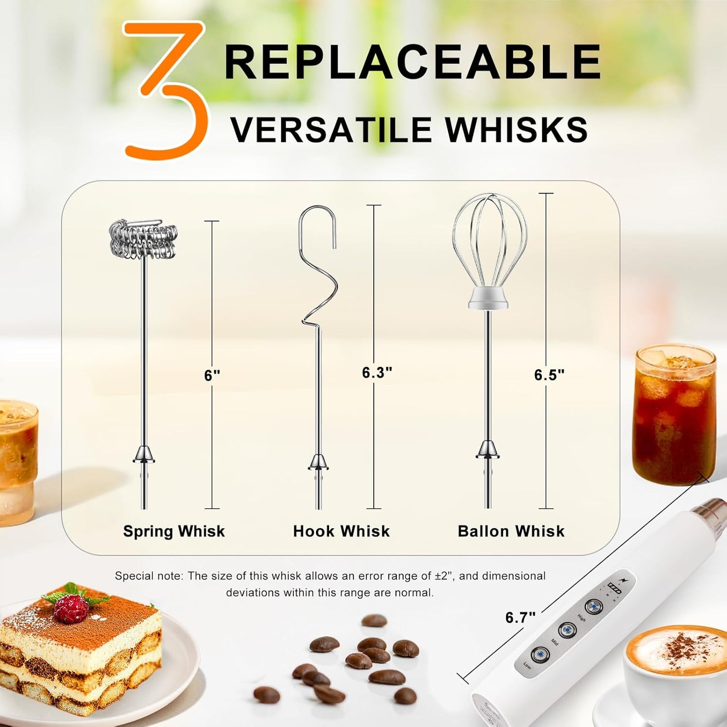 YUSWKO White Handheld Milk Frother Wand for Coffee, Rechargeable Electric Whisk with 3 Heads 3 Speeds Drink Mixer Coffee Frother For Latte, Cappuccino, Hot Chocolate, Egg