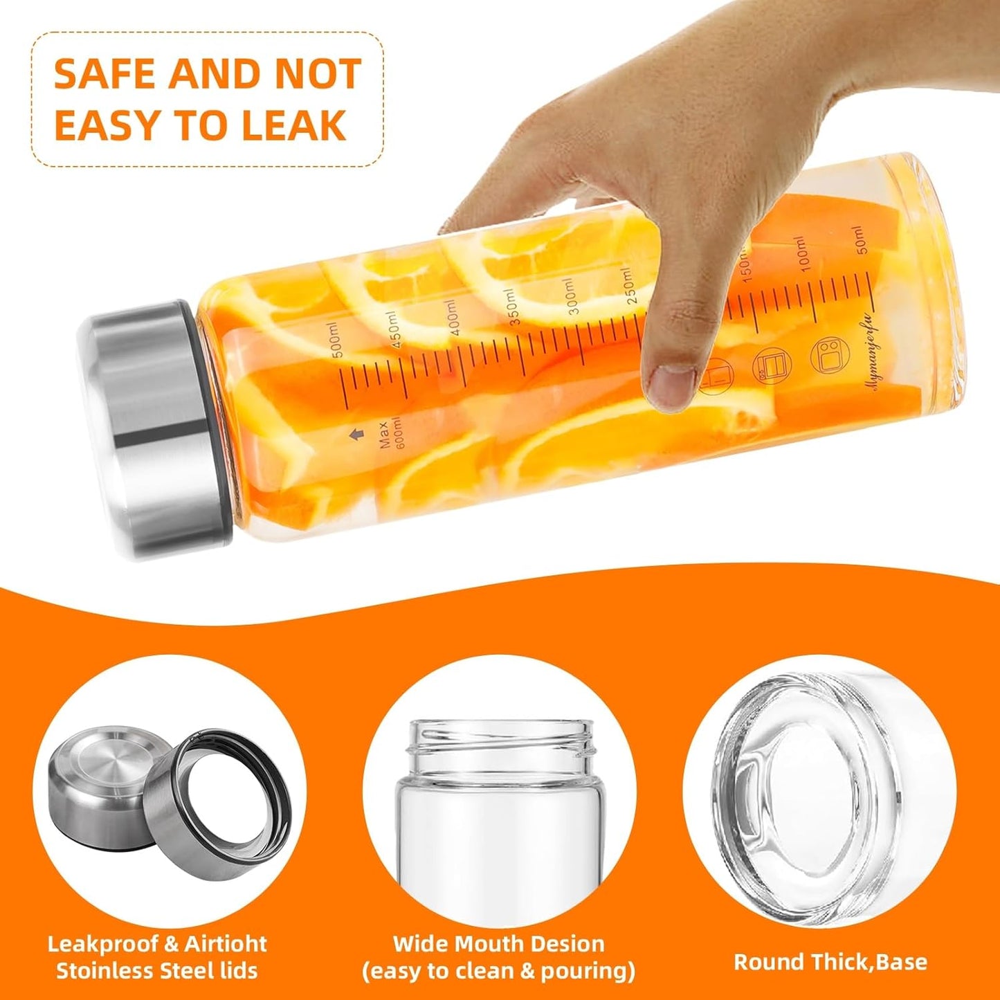 Glass Juice Bottles 4 Pack 20 oz - Wide Mouth Glass Water Bottles with Lids - for Juicing, Smoothies, Milk, Protein, BPA Free, Reusable, Stainless Steel Lids, Leak Proof, Shaker bottle (20oz/600ml)