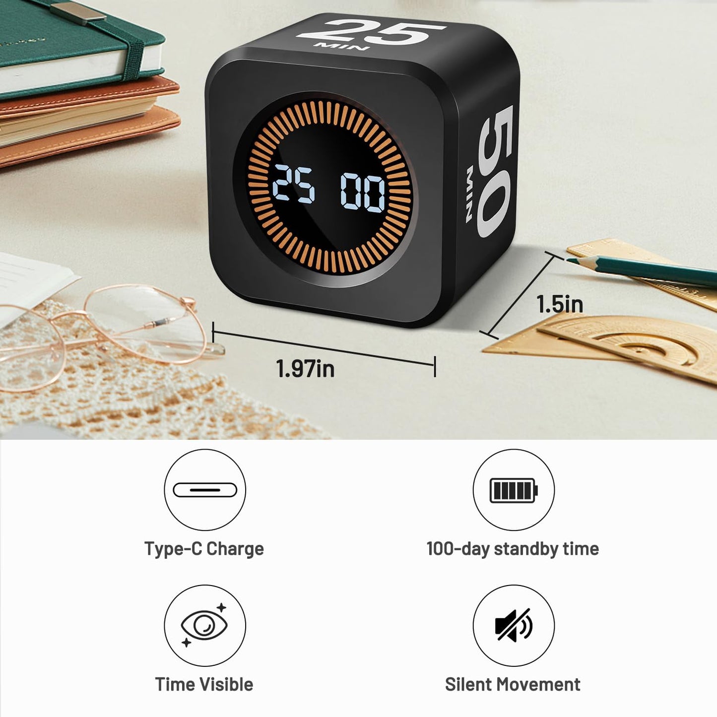 Rotating Pomodoro Timer Cube – 5/10/25/50 Minutes Preset Silent/Vibration/Custom Modes Flip Timer | ADHD Focus Helper for Study, Work & Kitchen (Black)