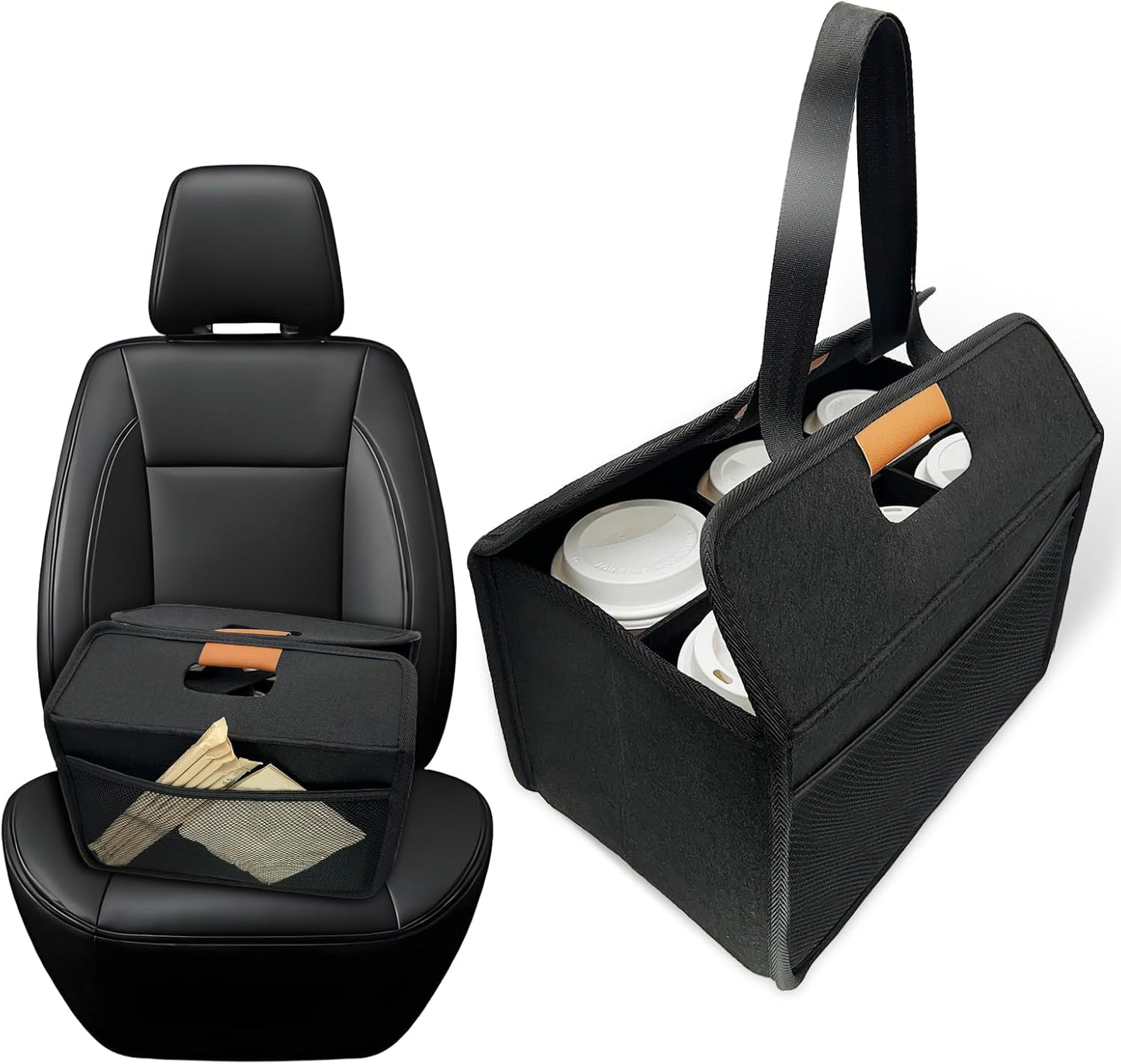 Reusable 4/6 Cup Drink Carrier with Handle and Adjustable Dividers, Insulated Caddy for Take Out, Foldable Coffee Cup Holder for Hot & Cold Drinks (Black, 6 Cups)