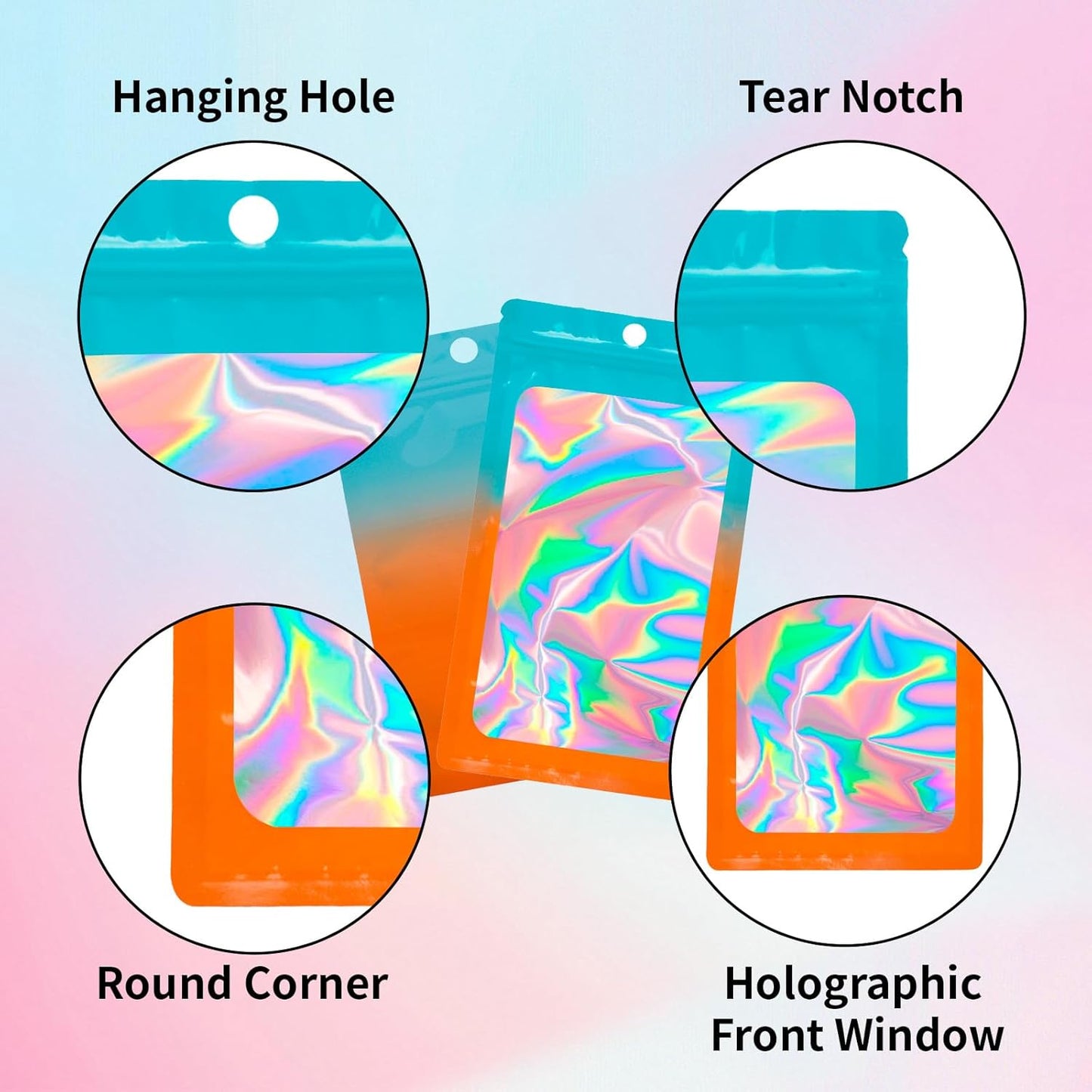 200 Pack Resealable Mylar Holographic Bags Food Storage Smell Proof Bags with Front Window Foil Packaging Pouch for Candy Sample Jewelry Small Business 3.54×6.29 Inch, Blue Fade Orange