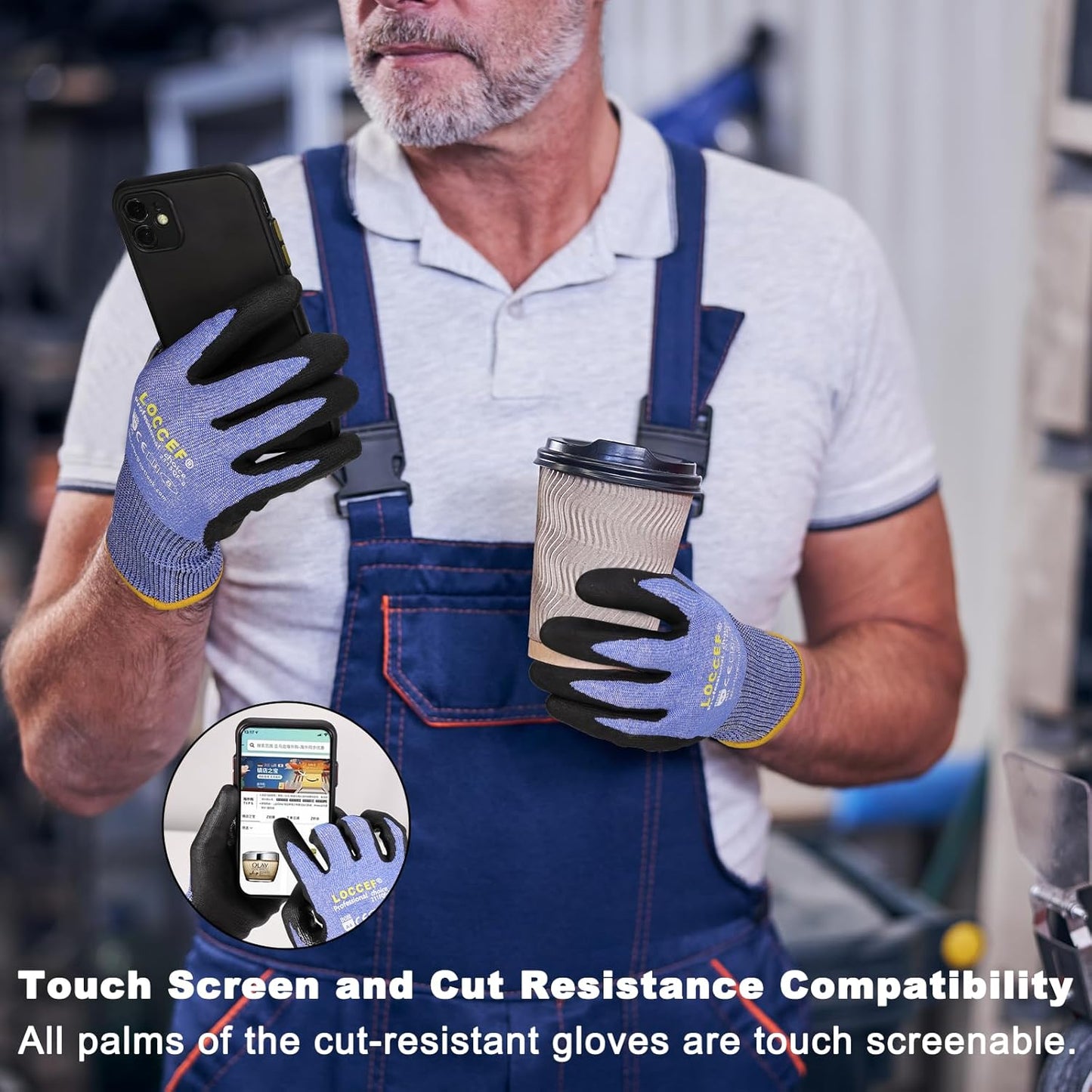 LOCCEF 3 Pairs Safety Work Gloves,Touchscreen Compatible, Superior Dexterity,Level 5/A4 Cut Resistant Work Gloves