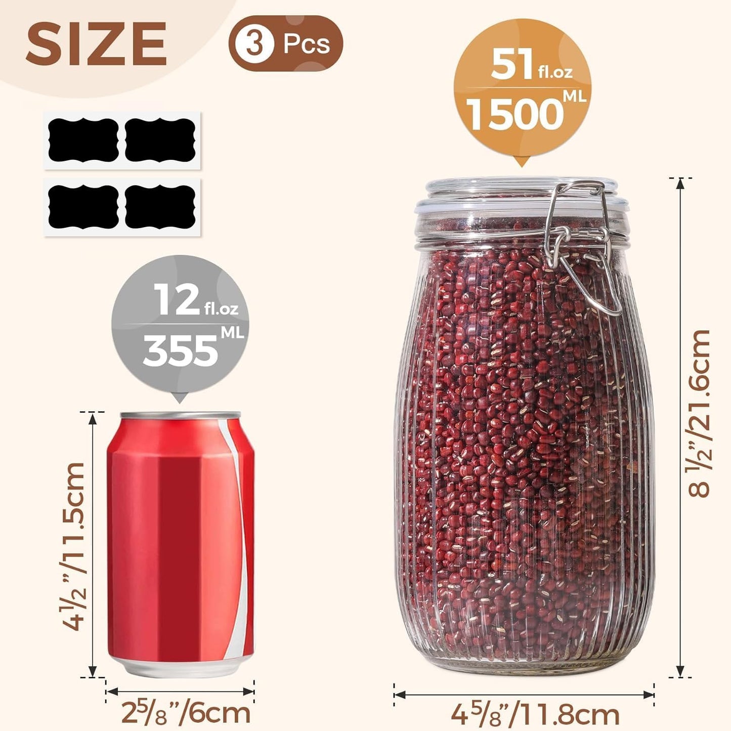 ComSaf Airtight Glass jar with lid 51oz Set of 3, Glass Storage Containers with Lids, Large Glass Canister, Striped Clip Fastening Jar for for Canning, Flour, Pasta,Coffee Beans, Cereal, Rice, Pickle