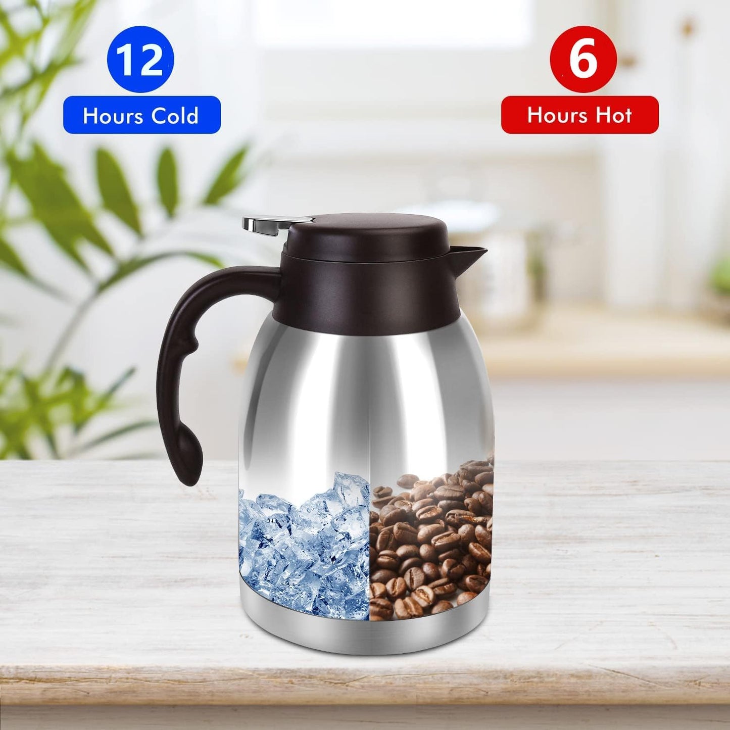 54oz Stainless Steel Thermal Coffee Carafe Dispenser, Unbreakable Double Wall Vacuum Flask 1.6L Water Tea Pot Beverage Pitcher for Cold Drinks in Summer(Classic Silver)
