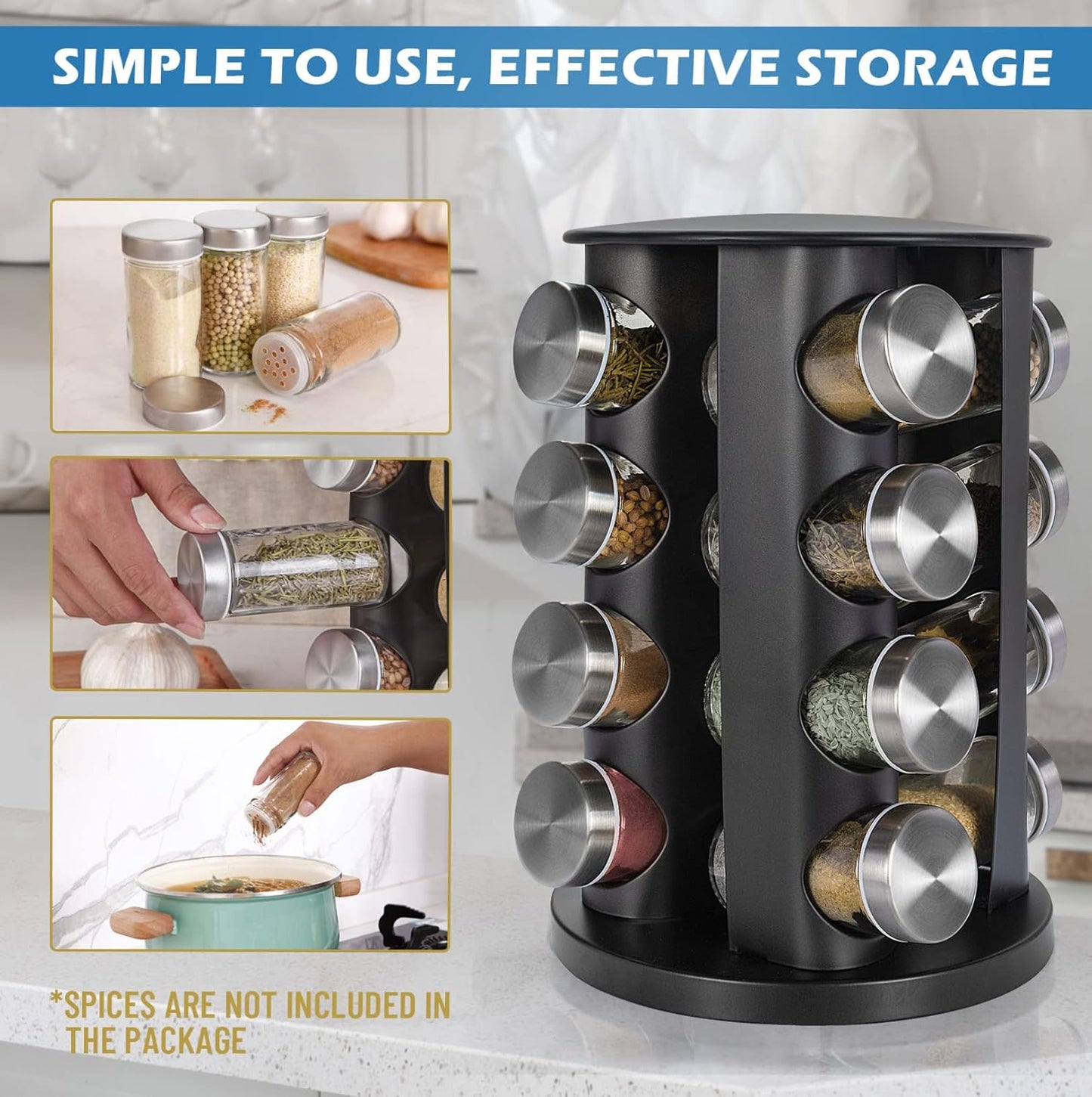 Black Countertop Rotating Spice Rack, 16-Jars Revolving Spice Rack Organizer Tower, 135 Spice Labels with Funnel Complete Set, Seasoning Organizer for Kitchen Countertop, Cabinet