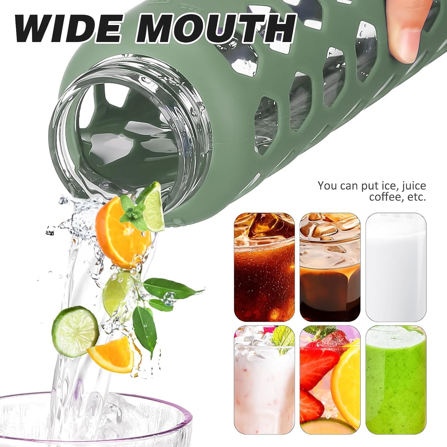 MUKOKO Glass Water Bottles, 24oz Glass Tumbler with Straw, Drinking Bottles with 2 Lids-Handle Spout Lid&Bamboo Straw Lid, Motivational Water Bottle with Time Marker and Silicone Sleeve, 1 Pack-Olive