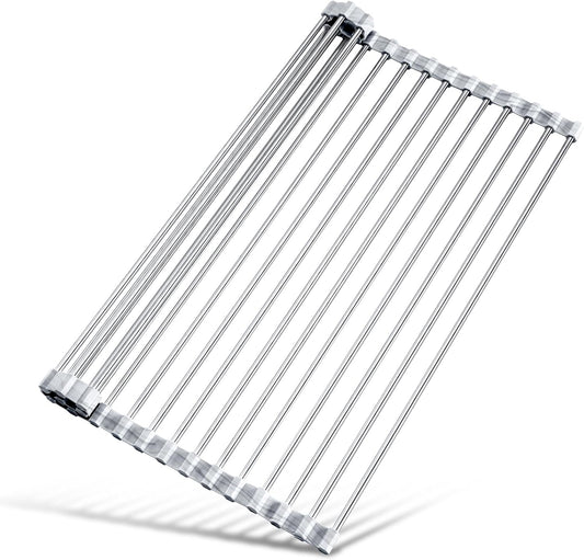 Tomorotec Stainless Steel Roll-Up Dish Drying Rack Marble Color Silicone Edges, Foldable Kitchen Rack Heat Resistant Trivet Supports up to 70 lbs, Food Safe for Dishes, Cookware & More