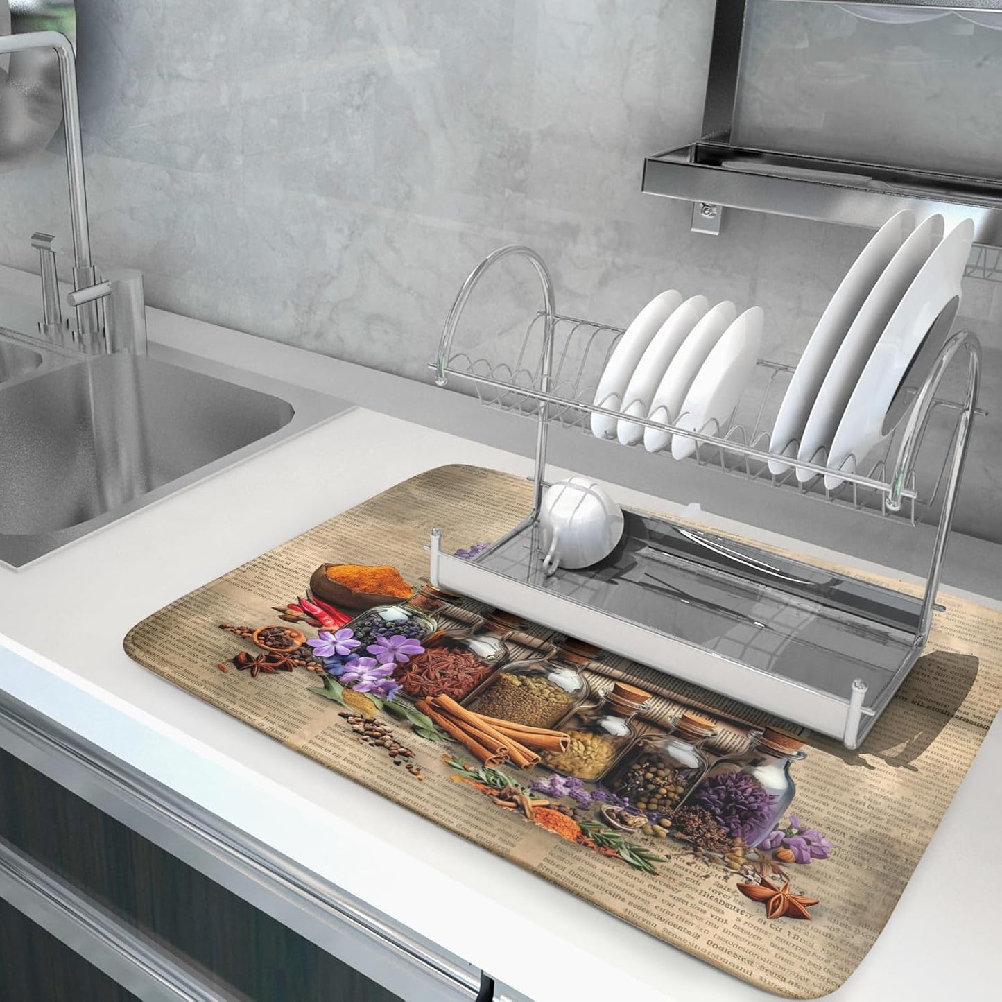 Herbs Kitchen Dish Drying Mat - Spice Bottle Absorbent Microfiber Dish Rack Mat Drying Pad 18 X 24 In