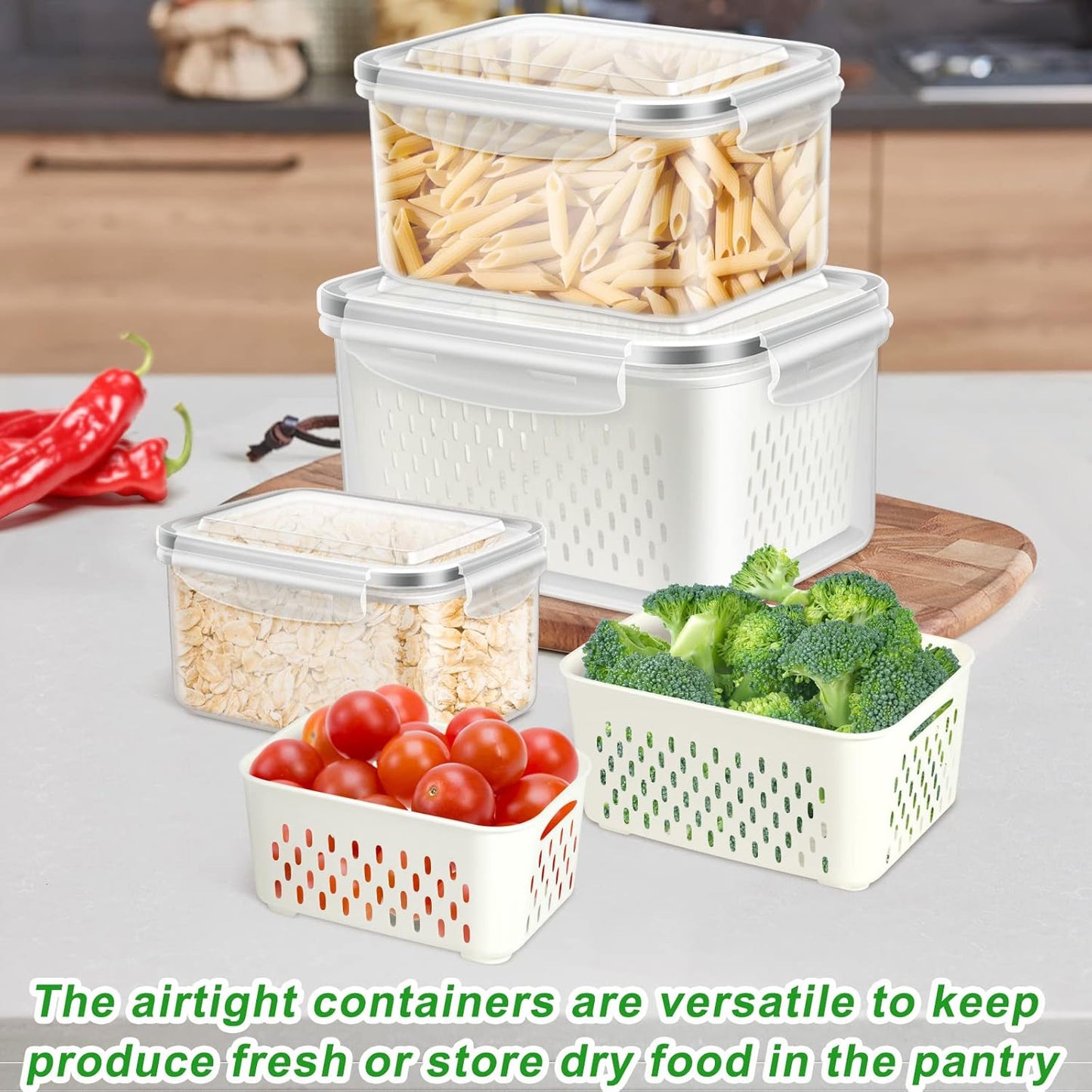 5 Pack Fruit Storage Containers for Fridge, Produce Saver Vegetable Container with Drain Colanders - Refrigerator Organizer for Lettuce Keepers Berry Container