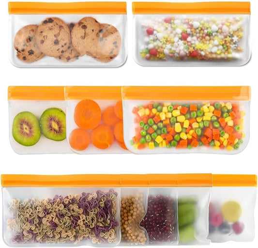 Reusable Snack Bags Dishwasher Safe,10Pack Reusable Bags Silicone Extra Thick Leak-proof Reusable Freezer Bags for Candy, Snack, Cereal, Travel Items, Home Organization（Orange）