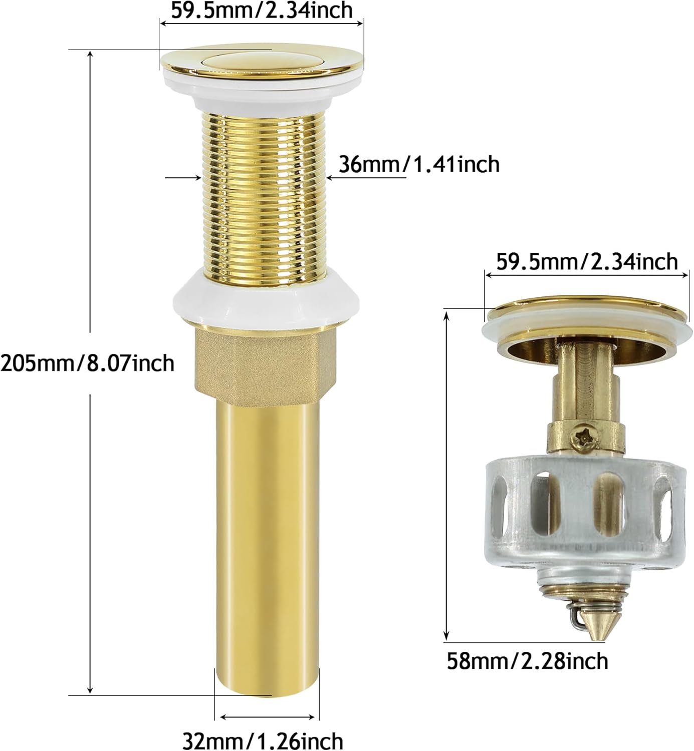Bathroom Sink Drain,2 Pack Gold Stainless Steel Bathroom Drain Stopper Without Overflow,Small Cap Pop Up Drain Assembly with Detachable Strainer Basket,Built-in Anti-Clogging