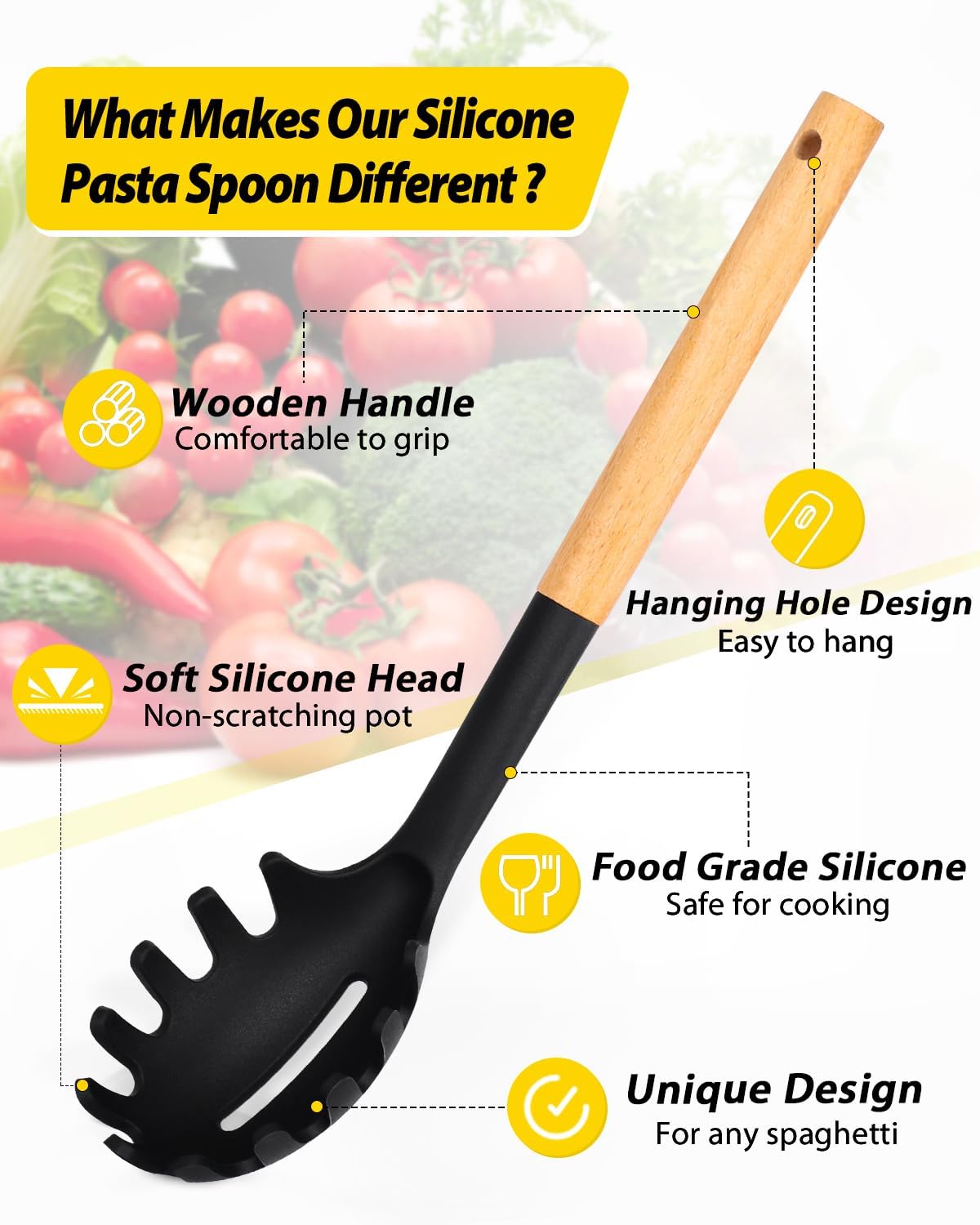 Pack of 2 Spaghetti Spoon, Silicone Pasta Fork with Wooden Handle, Heat Resistant Noodle Spoon Server, BPA Free Spaghetti Strainer(BLACK-RED)