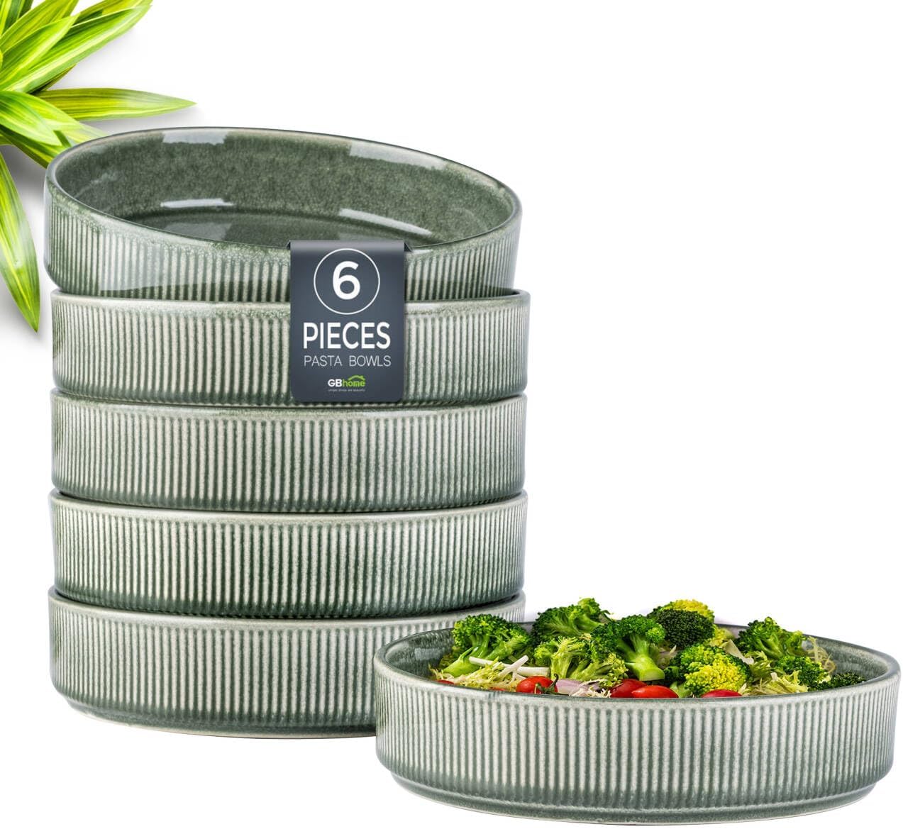 GBHOME 7.5'' Stoneware Pasta Bowls, Serving Bowls Set of 6 for Kitchen, Double Reactive Glaze Bowls for Fruit,Pasta,Salad,Oatmeal,Meal, Microwave Safe (6 pcs)