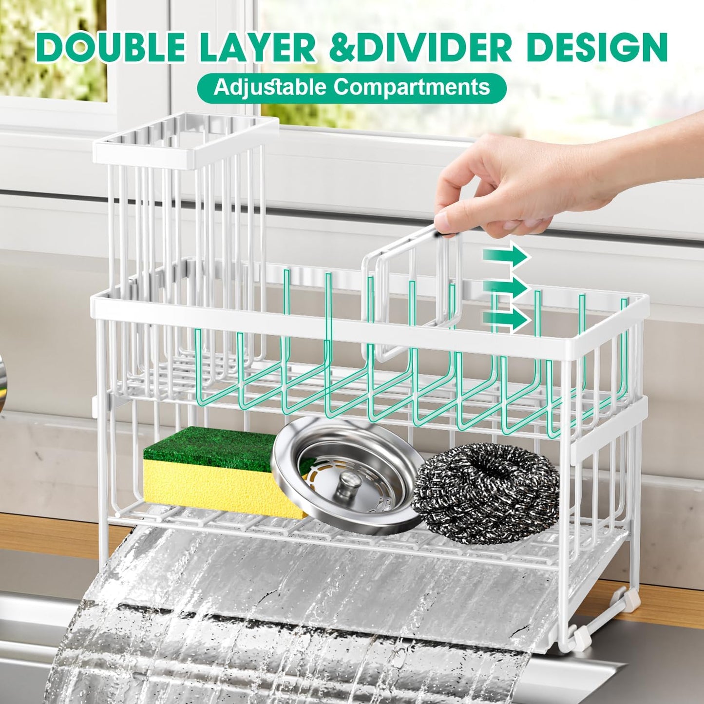 Sponge Holder for Kitchen Sink, 2 Tier Sink Caddy Organizer with High Brush Holder, Self-Draining Sponge Holder for Sinks, Soap Dispenser Organizer, Rustproof 304 Stainless Steel, White