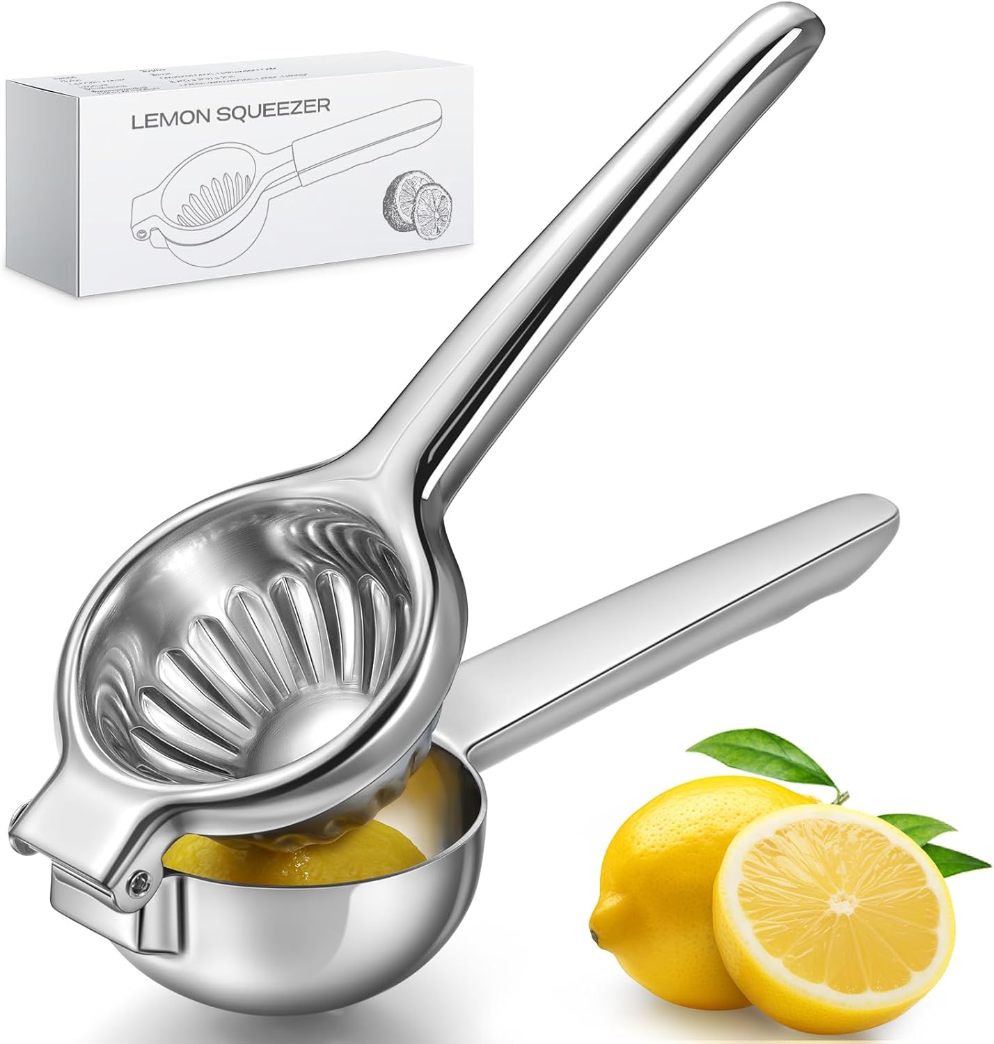 Lemon Squeezer, Sopito Stainless Steel Citrus Press Juicer Heavy Duty with Large Metal Squeezer Bowl for Seedless Juicing, Non-Slip Grip Design Manual Juicer, Silver