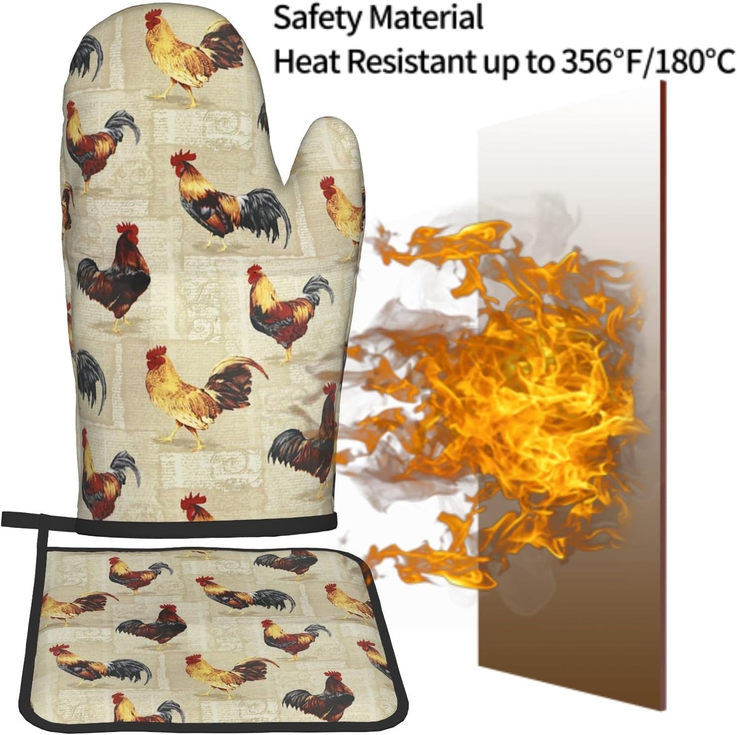Rustic Rooster Oven Mitts and Pot Holder Set of 2 Farm Animal Print Heat Resistant Gloves Hot Pads for Kitchen Grilling Baking Cooking BBQ