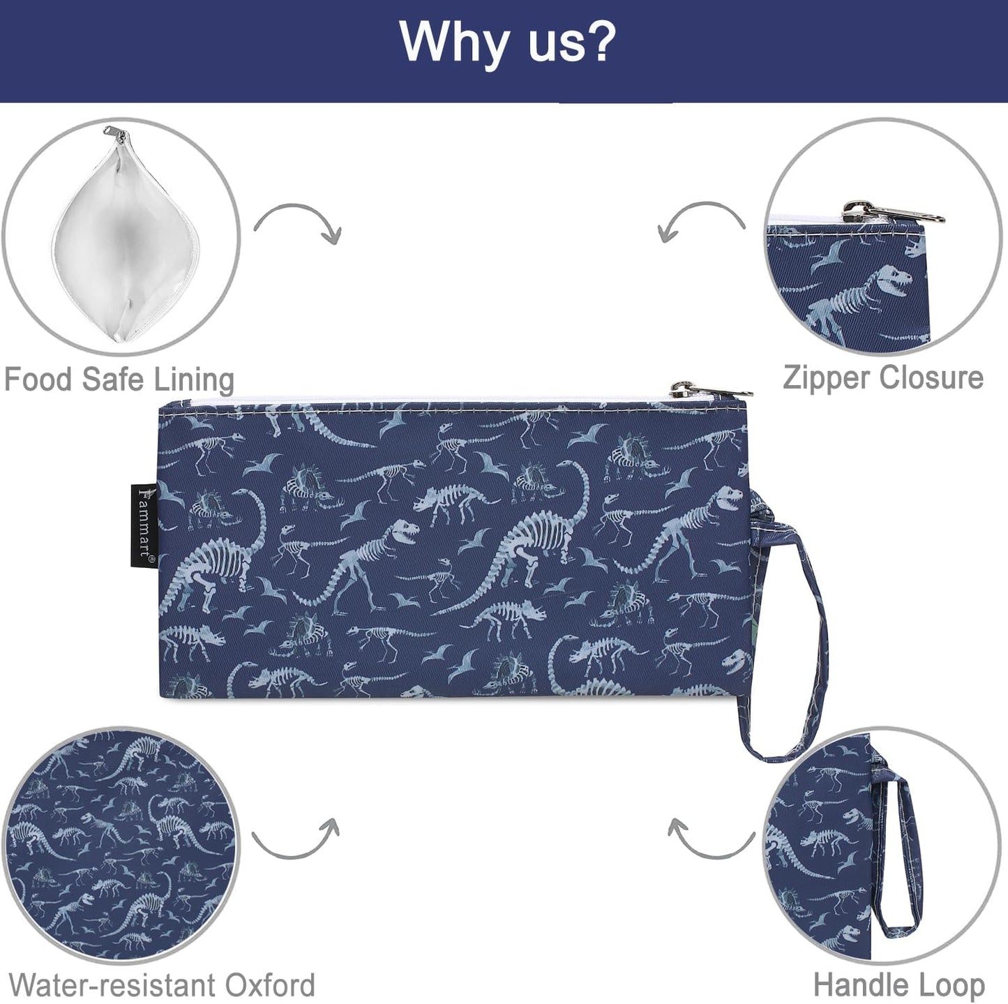 Reusable Sandwich Bag/Snack Bag for Kids & Adults, Dual Layer Lunch Bag with Handle, Washable, Food Safe, BPA Free (2-Pack, Dinosaur Fossil)