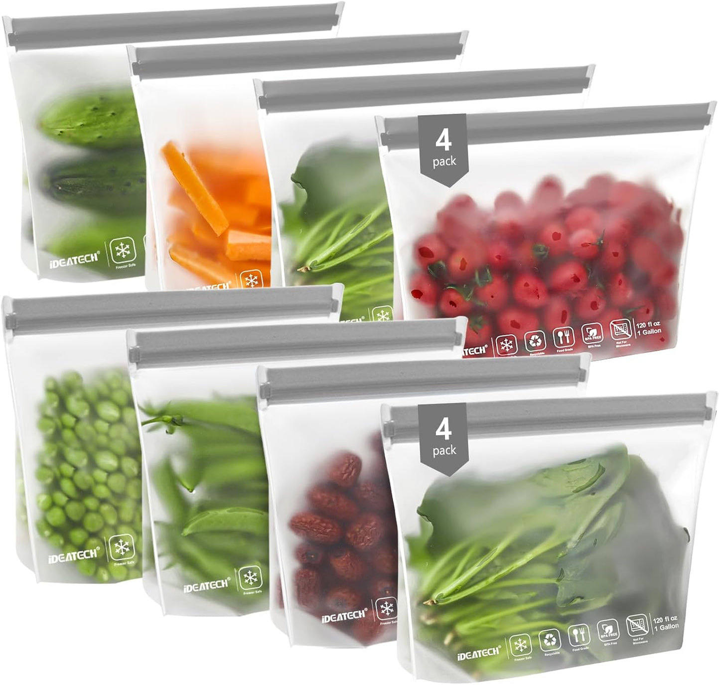 IDEATECH Gallon Freezer Food Containers, BPA Free PEVA Reusable Gallon Bags, Reusable Sandwich Bags, Reusable Baggies for Lunch, Travel Healthy Food (Grey, 8Pack-8Gallon)
