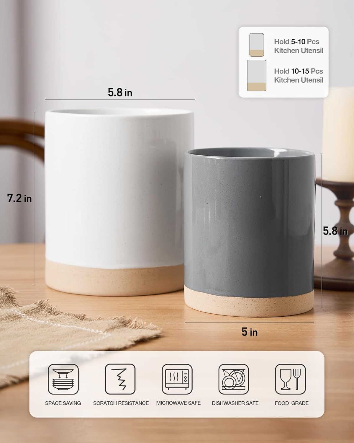 famiware Milkyway Kitchen Utensil Holder for Countertop, Ceramic Cooking Utensil Crocks for Kitchen Counter, Utensil Organizer for Spatula & Spoon, Set of 2, White and Dark Gray