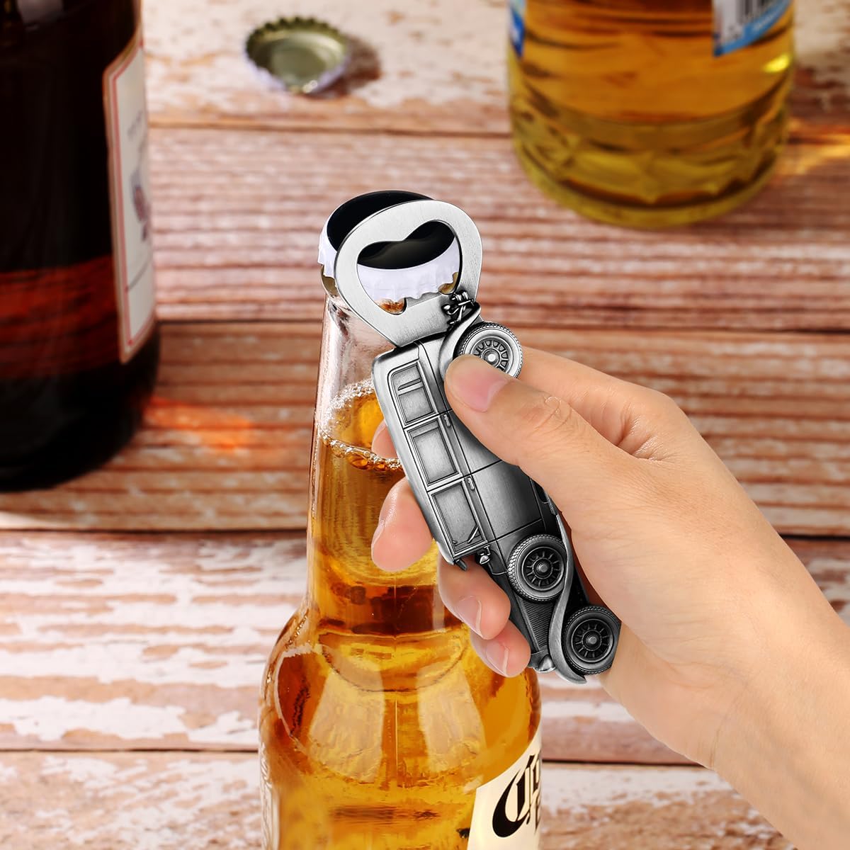 LKKCHER Car Bottle Opener, Classic Car Gifts for Men Him, Birthday Fathers Day Christmas Gifts for Men Dad Grandpa, Vintage Beer Accessories, Silver with Gift Bag