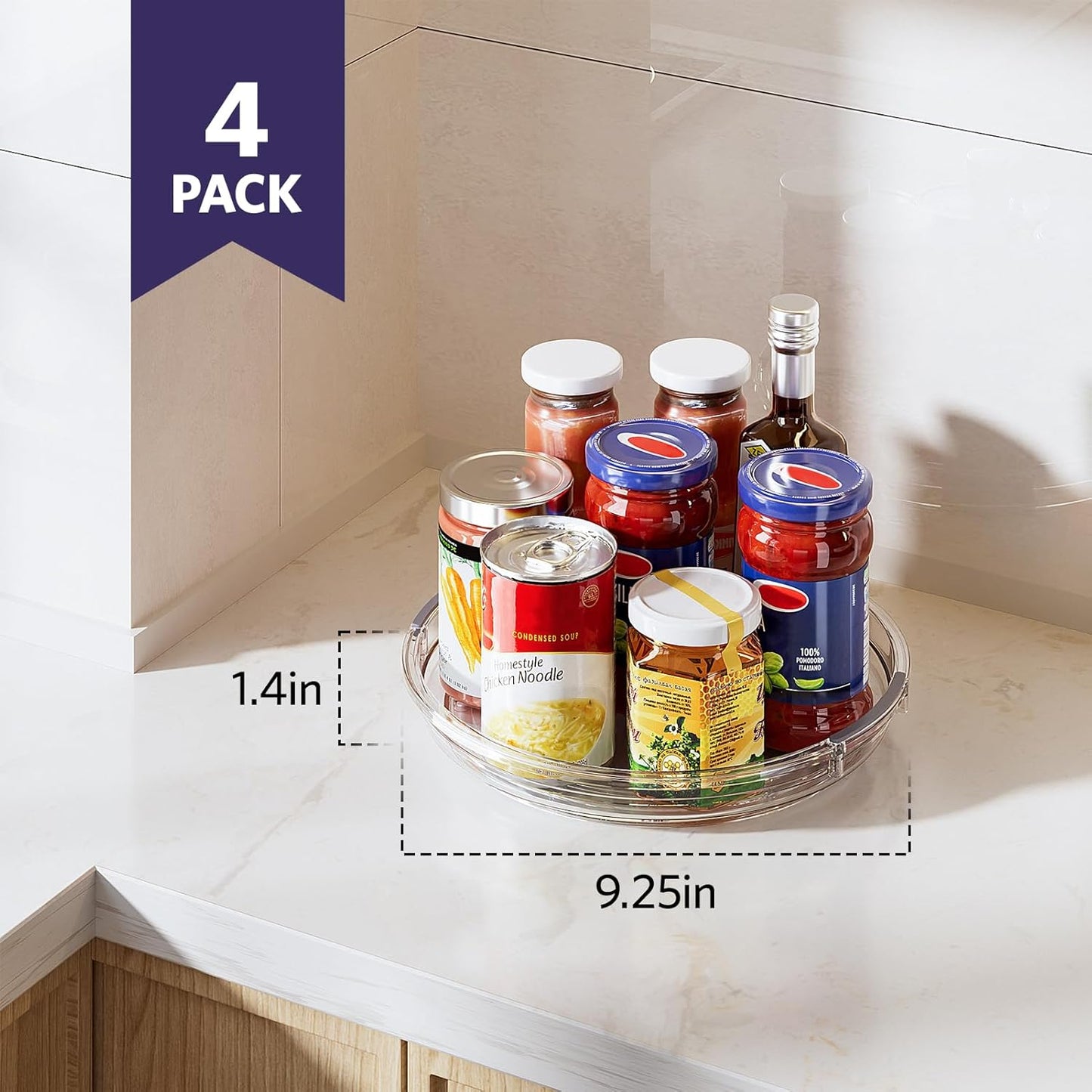 LAMU 4 Pack 9.25in Lazy Susan Organizer, Clear Lazy Susan Turntable for Cabinet, Refrigerator, Table Top, Kitchen, Bathroom, Pantry Organizers and Storage