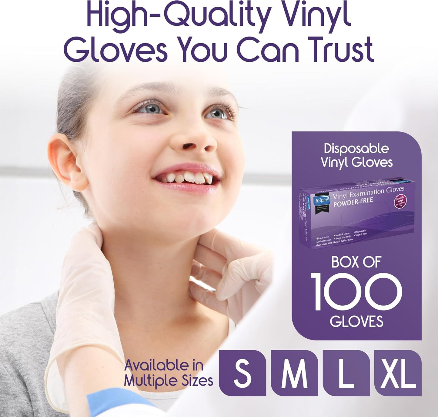 Inspire Exam Grade Powder & Latex Free Stretch Vinyl Gloves, Small, 100 Count