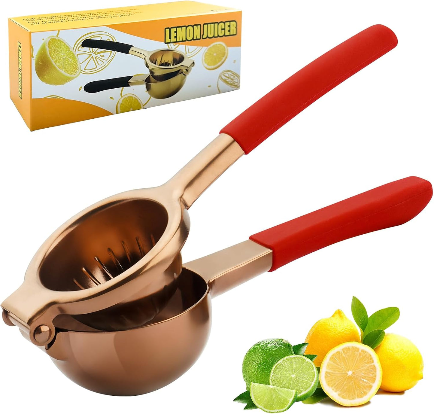 Lemon Squeezer,304 Stainless Steel Citrus Press Juicer,Non-Slip Grip Design Manual Juicer,Heavy Duty Manual Citrus Press Juicer & Lime Squeezer-Rose Gold & Red