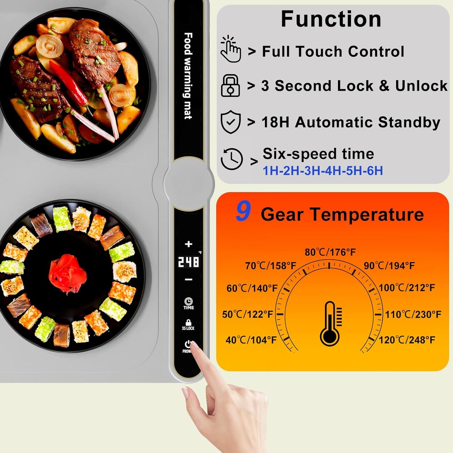 Warming Mat for Food, Rollable Electric Warming Trays for Food with 9 Temperature Settings, Heating Fastly in 10S, Food Warmer Using for Buffets Party and Home Daily, Grey
