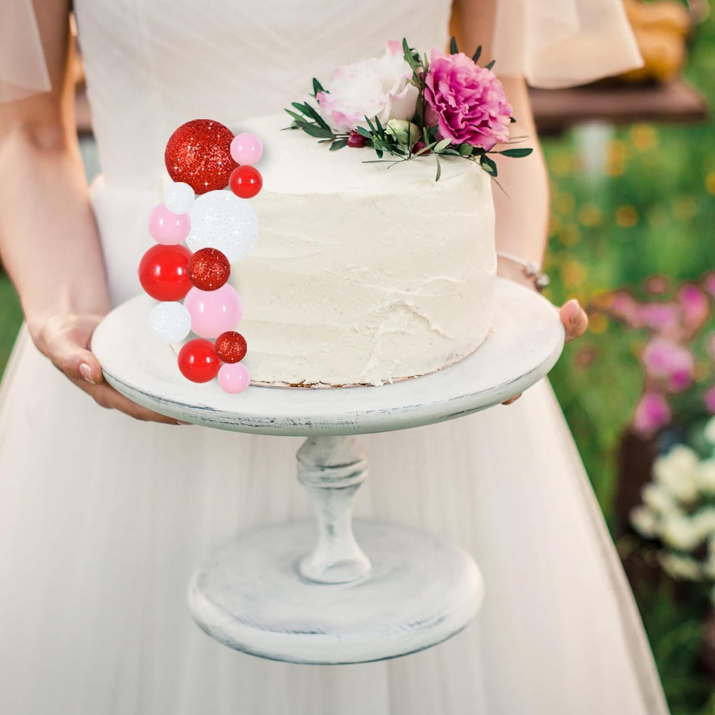 BEISHIDA 40 Pcs Foam Ball Cake Toppers with Sticks Mini Ball Cake Decorations for Birthdays, Weddings, Valentines, DIY Baking Supplies, Anniversary Party (Red, Pink, White)