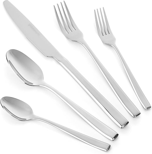 Modern Design Polished Flatware, Silverware Set for 8 persons, 40 Piece - Spoons, Forks, and Knives 18/10 Stainless Steel, Dishwasher Safe