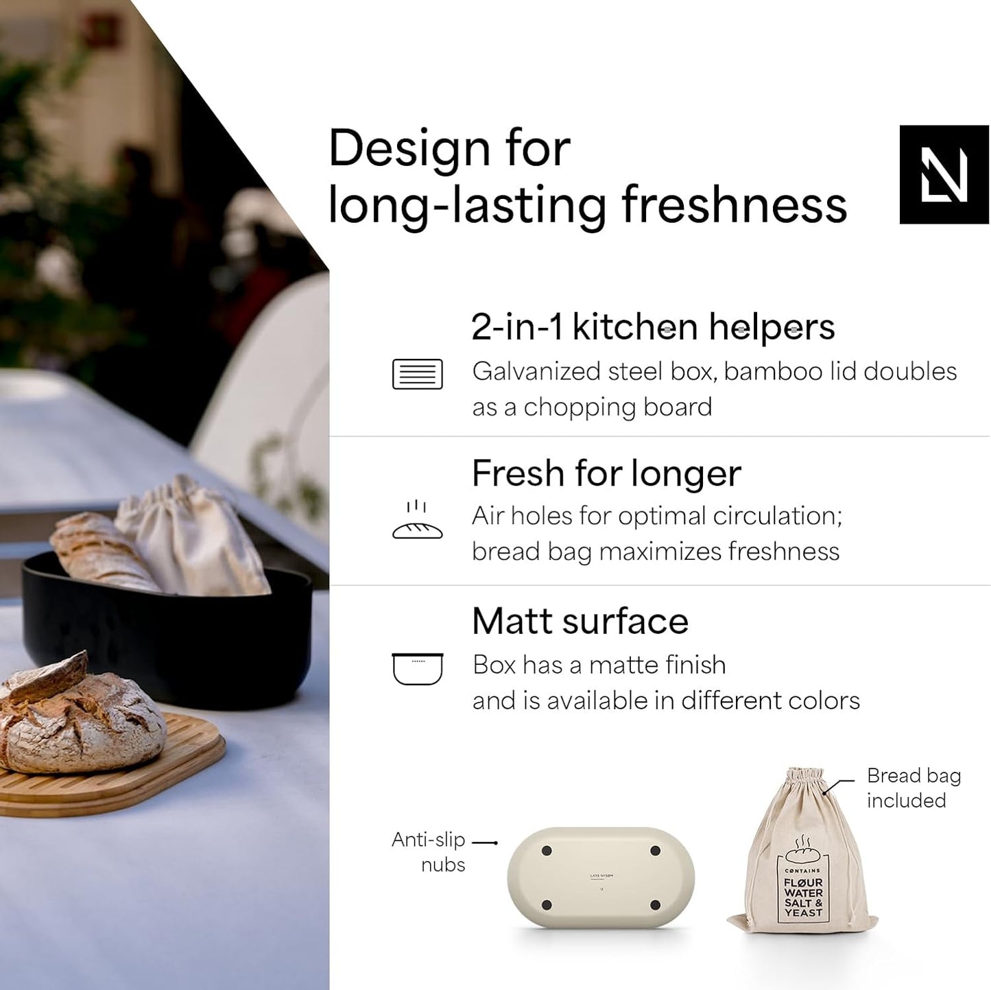 LARS NYSØM Bread Box I Metal Box with linen bag for long lasting freshness I Bread Bin with bamboo lid usable as cutting board I 14.2x7.5x5.1 In (Almond Beige)