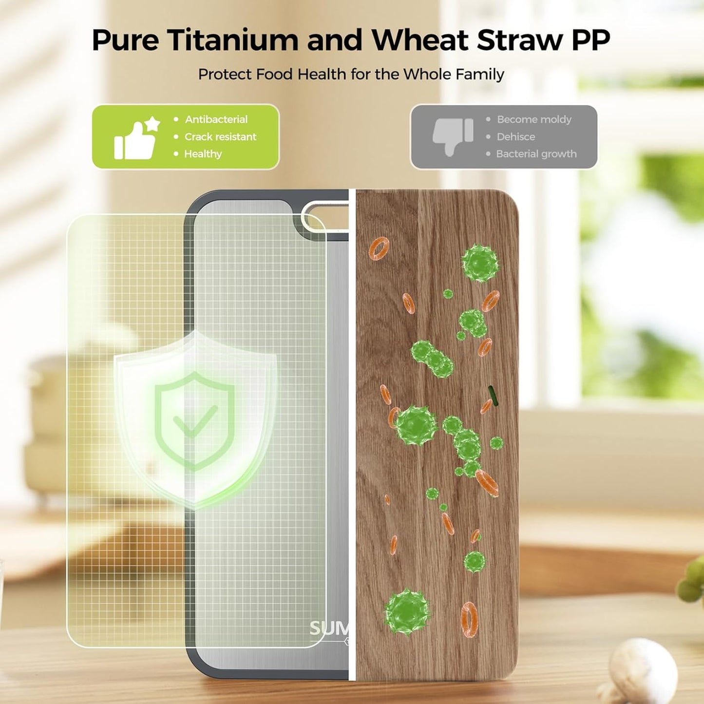 Titanium Cutting Board for Kitchen, Cutting Board Double Sided Food Grade, Pure Titanium and Wheat Straw PP, Easy to Clean Large Size 16”×11”