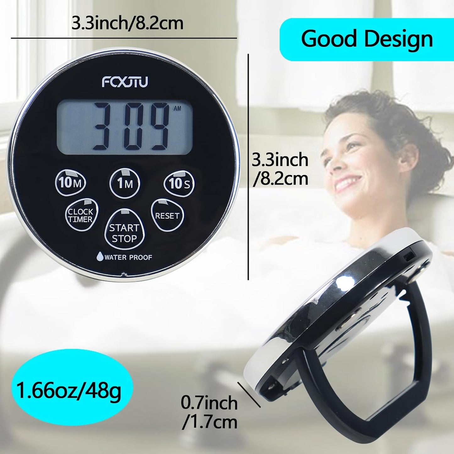 FCXJTU Digital Waterproof Shower Clock Timer, Bathroom Shower Countdown Timer for Kitchen Cooking with Alarm, Magnetic Back, Stand Silver Black