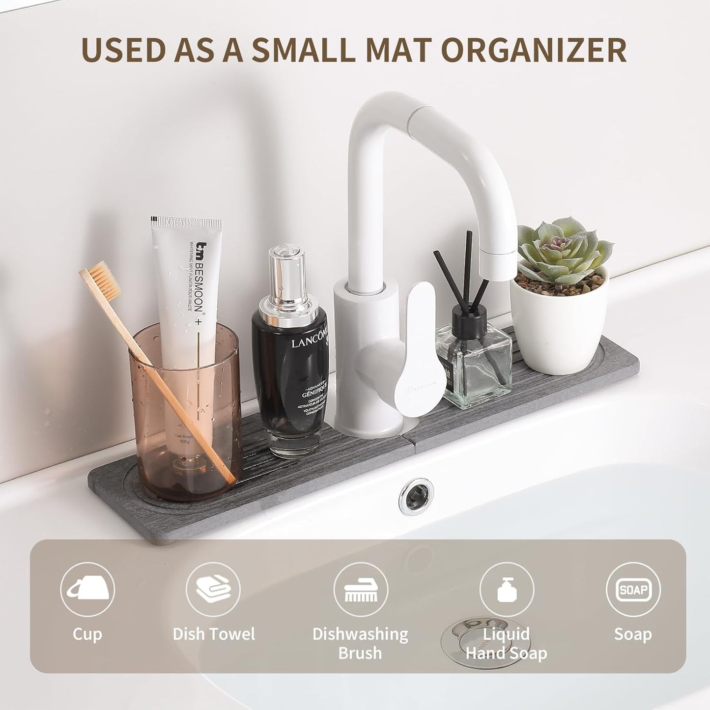 Faucet Mat for Kitchen Sink, Diatomite Stone Drying Sink Protectors, Bathroom Faucet Splash Guard, Quick Dry Water Absorbing, Non-Slip Stone Tray for Kitchen Counter, Grey, 15.7" x 3.9"