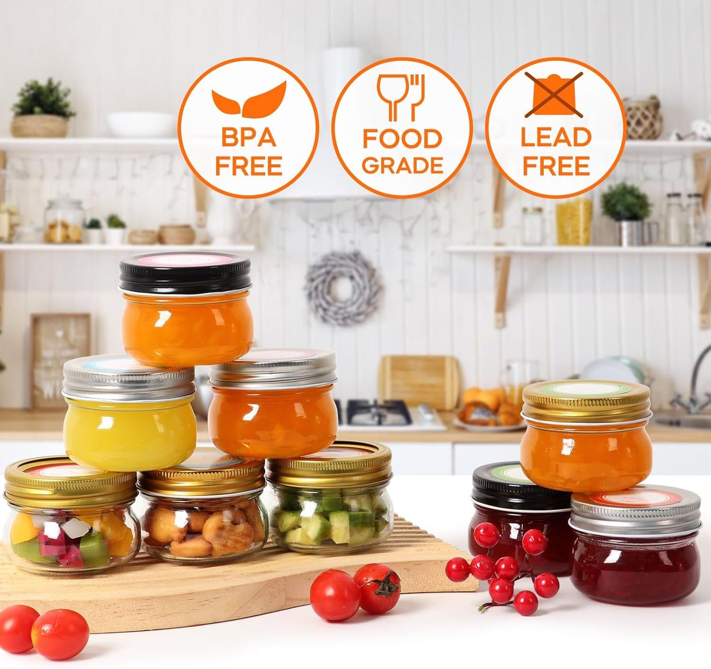 4 oz Mason Jars With Gold Lids and Bands, 24 Pack Regular Mouth Canning Jars for Jam, Honey, Yogurt, Candy, Spices, Snacks, DIY Projects, Wedding Favors- Includes 30 Stickers