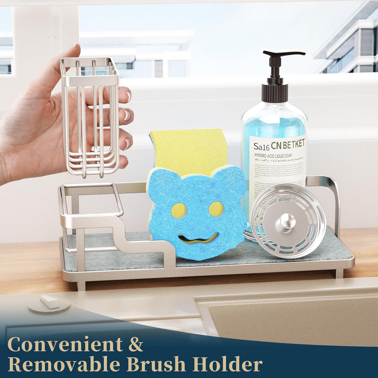Consumest Sponge Holder for Kitchen Sink - Sink Caddy Organizer with Water Absorbing Stone Tray, Detachable Brush Holder, Stainless Steel Kitchen Counter Organizer Rack, Sand Nickel