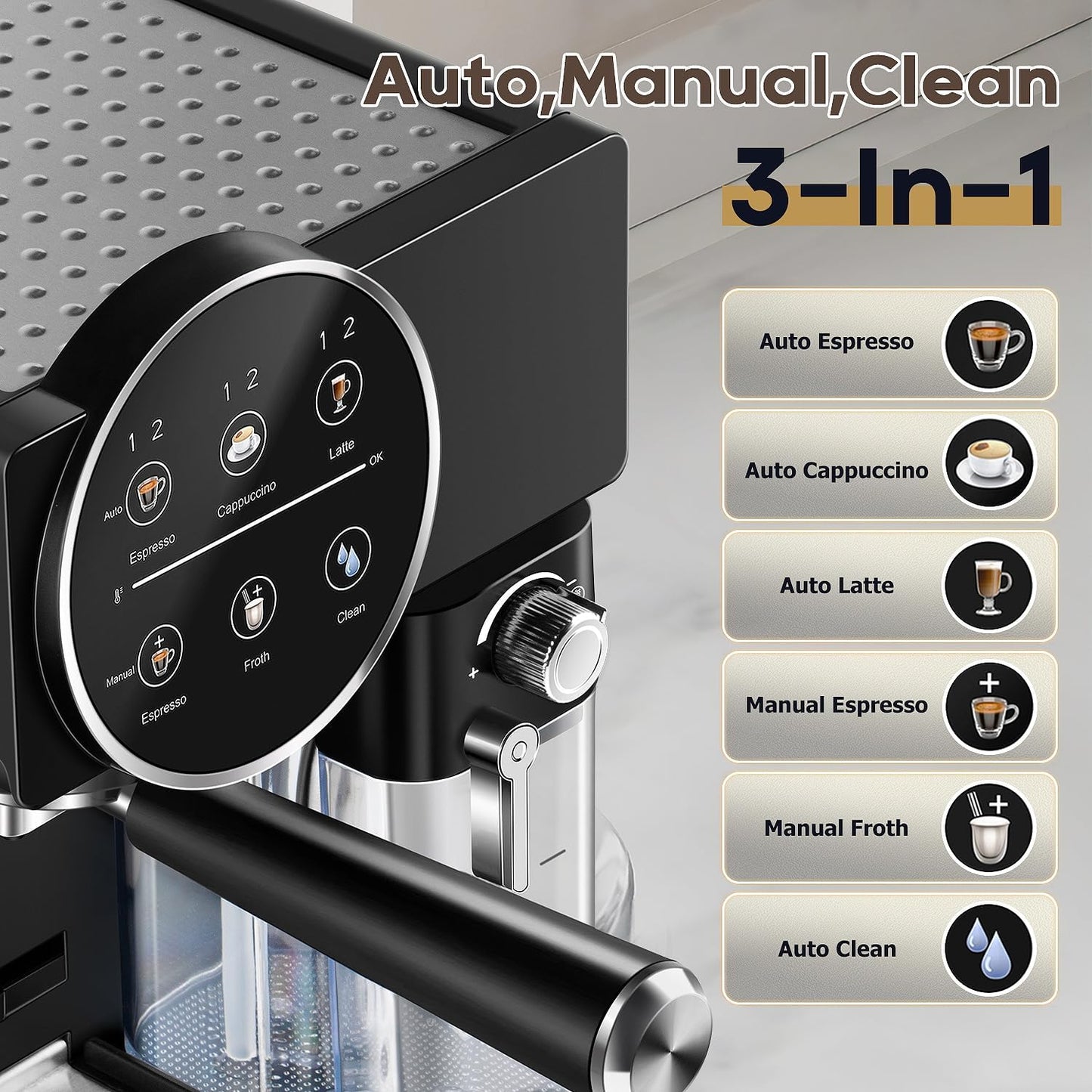 CUSIMAX Expresso Coffee Maker with Milk Frother, Cappuccino Machine Makes Espresso, Cappuccino, and Lattes with One-Touch Ease, and the Manual Mode Makes Creative Coffees with Cleaning Function